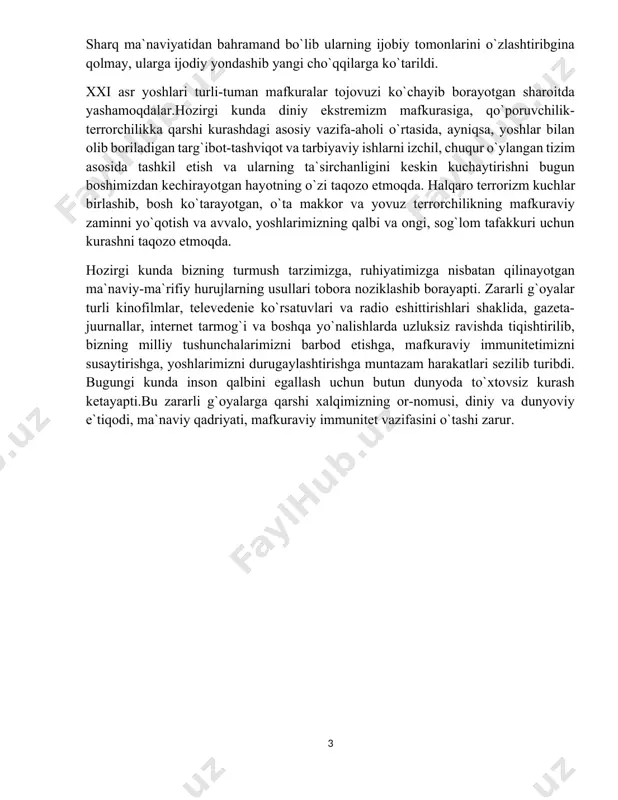 ashib, bosh ko`tarayotgan, o`ta makkor va yovuz terrorchilikning mafkuraviy zaminni yo`qotish va avvalo, yoshlarimizning qalbi va ongi, sog`lom tafakkuri uchun kurashni taqozo etmoqda. hozirgi kunda bizning turmush tarzimizga, ruhiyatimizga nisbatan qilinayotgan ma`naviy-ma`rifiy hurujlarning usullari tobora noziklashib borayapti. zararli g`oyalar turli kinofilmlar, televedenie ko`rsatuvlari va radio eshittirishlari shaklida, gazeta-juurnallar, internet tarmog`i va boshqa yo`nalishlarda uzluksiz ravishda tiqishtirilib, bizning milliy tushunchalarimizni barbod etishga, mafkuraviy immunitetimizni susaytirishga, yoshlarimizni durugaylashtirishga muntazam harakatlari sezilib turibdi. bugungi kunda inson qalbini egallash uchun butun dunyoda to`xtovsiz kurash ketayapti.bu zararli g`oyalarga qarshi xalqimizning or-nomusi, diniy va dunyoviy e`tiqodi, ma`naviy qadriyati, mafkuraviy immunitet vazifasini o`tashi zarur. i bob. milliy istiqlol g’oyasi targ’iboti va fuqaro tarbiyasi i.1.milliy istiqlol g`oyasini xalqimiz ongi va qalbiga singdirish zarurati va ustuvor yo`nalishlari nima uchun milliy istiqlol royasini inson ongi va qalbiga singdirish zarur va muhim? milliy istiqlol g’oyasining targiboti nimaga xizmat qiladi va bu jarayon qanday tashkil qilinishi kerak? umuman, milliy g`oyaning targiboti bilan …