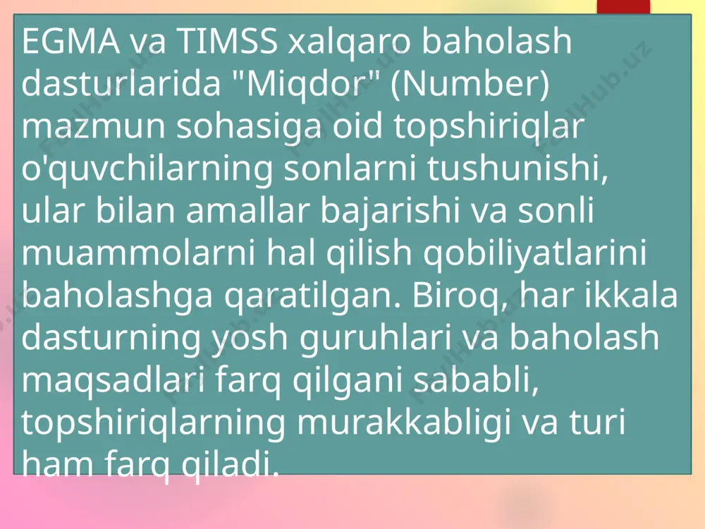 oporsiyalarni hal qilish, nisbatlarni hisoblash. • foizlar: foizlarni hisoblash, foizlar bilan bog'liq masalalarni hal qilish. • sonli ketma-ketliklar: sonli ketma-ketliklarni davom ettirish, ketma-ketlikdagi qonuniyatni aniqlash. • sonli muammolarni hal qilish: murakkab sonli muammolarni hal qilish, muammoni hal qilish uchun mos strategiya va usullarni tanlash. misol topshiriqlar (timss): 1. -5 + 12 = ? 2. 2/3 + 1/6 = ? 3. agar 3 kg olma 15 dollar tursa, 1 kg olma qancha turadi? 4. bir do'konda 20% chegirma e'lon qilindi. 100 dollarlik buyum qanchaga sotiladi? 5. quyidagi sonlar ketma-ketligini davom ettiring: 2, 5, 8, 11, ... egma va timss topshiriqlari o'quvchilarning sonlarni tushunish va ular bilan amallar bajarish qobiliyatlarini baholashga qaratilgan bo'lsa-da, ularning murakkabligi va talab etiladigan ko'nikmalar darajasi farq qiladi. egma sodda ko'nikmalarni, timss esa murakkabroq va yuqori darajadagi mulohaza yuritishni talab qiladigan topshiriqlarni o'z ichiga oladi. e’tiboriz uchun raxmat!