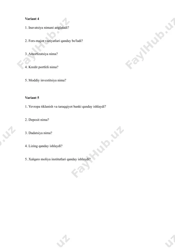 alyuta kursi qanday belgilanishi mumkin? 4. raqobat qanday rivojlanadi? 5. nomoddiy investitsiya nima? variant 11 1. oddiy aksiya va imtiyozli aksiya o'rtasidagi farq nima? 2. kredit layoqatliligi qanday baholanadi? 3. jismoniy shaxslar va yuridik shaxslar o'rtasidagi farq nima? 4. giper inflyatsiya nima? 5. lizing qanday ishlaydi? variant 12 1. xalqaro moliya institutlari qanday ishlaydi? 2. aksiya nima? 3. daromat solig’i qanday hisoblanadi? 4. ko’chmas mulkning ahamiyati nimada? 5. xalqaro arbitraj nima? variant 13 1. moddiy investitsiya nima? 2. strategiya qanday aniqlanadi? 3. loyiha moliyalashtirishda qanday rol o'ynaydi? 4. deposit nima? 5. xalqaro konvensiyalar qaysi sohalarga ta'sir qiladi? variant 14 1. empirik tahlil va uning ahamiyati. 2. valyuta kursi qanday belgilanishi mumkin? 3. ta’sischilar nima? 4. muammoli kreditlar qanday aniqlanadi? 5. inavatsiya nimani anglatadi? variant 15 1. xalqaro tiklanish va taraqqiyot bankining maqsadi nima? 2. obligatsiya nima? 3. fors-major vaziyatlari qanday bo'ladi? 4. nomoddiy investitsiya qaysi shakllarga bo'linadi? 5. amortizatsiya nima? …