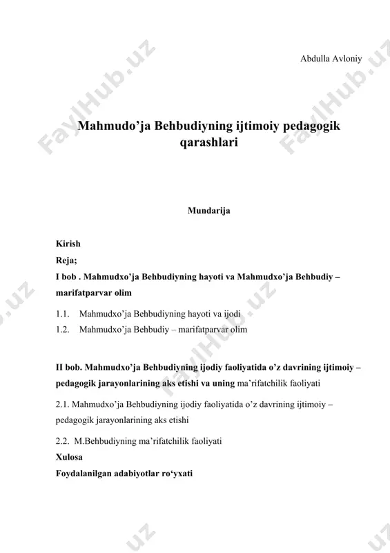 behbudiyning ijtimoiy pedagogik qarashlarihaqida ilmiy-metodik tavsiyalar ishlab chiqish. kurs ishi ob’ekti: mahmudo’ja behbudiyning ijtimoiy pedagogik qarashlaribilan tanishtirish jarayoni kurs ishi predmeti: mahmudo’ja behbudiyning ijtimoiy pedagogik qarashlaribilan tanishtirish ko’nikmalari kurs ishining amaliy ahamiyati. kurs ishi jarayonida ilgari surilgan fikrlardan, yondashuvlardan hamda samaradorligini ta’minlovchi kurs ishi natijalaridan pedagogik fanlar bo‘yicha ma’ruzalar tayyorlash, qo‘llanmalar yaratish, shuningdek metodik tavsiyanomalar yaratishda, ish tajribalarini ommalashtirishda samarali foydalanishga xizmat qiladi. kurs ishi ishining tarkibiy tuzilishi va hajmi: ish kirish, 2 bob, 4 bo‘lim, umumiy xulosalar va tavsiyalar, foydalanilgan adabiyotlar ro‘yhatidan iborat. kirish o’zbekistonning mustaqil rivojlanish yo’liga qadam qo’yishi otabobolarimizning ozodlik va erk uchun uzoq kurashi tarixini qayta idrok etishda milliy ozodlik harakatlari va jadidlarning milliy uyg’onish mafkurasining shakllanish jarayoni davlat mustaqilligiga erishishni taminlagan omillar sifatida bugungi kunda tarixchi olimlarda katta ijtimoiy qiziqish uyg’otmoqda. o’zbek xalqi tarixida o’chmas iz qoldirgan muhim voqealardan biri ozodlik va mustaqillik g’oyalari, xalqning butun orzu-istaklarini o’zida mujassamlashtirgan turkiston muxtoriyatida o’z aksini topdi. bugungi …