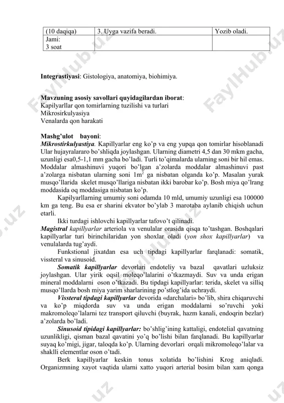 ot bayoni: mikrostirkulyastiya. kapillyarlar eng ko’p va eng yupqa qon tomirlar hisoblanadi ular hujayralararo bo’shliqda joylashgan. ularning diametri 4,5 dan 30 mkm gacha, uzunligi esa0,5-1,1 mm gacha bo’ladi. turli to’qimalarda ularning soni bir hil emas. moddalar almashinuvi yuqori bo’lgan a’zolarda moddalar almashinuvi past a’zolarga nisbatan ularning soni 1m2 ga nisbatan olganda ko’p. masalan yurak musqo’llarida skelet musqo’llariga nisbatan ikki barobar ko’p. bosh miya qo’lrang moddasida oq moddasiga nisbatan ko’p. kapilyarllarning umumiy soni odamda 10 mld, umumiy uzunligi esa 100000 km ga teng. bu esa er sharini ekvator bo’ylab 3 marotaba aylanib chiqish uchun etarli. ikki turdagi ishlovchi kapillyarlar tafovo’t qilinadi. magistral kapillyarlar arteriola va venulalar orasida qisqa to’tashgan. boshqalari kapillyarlar turi birinchilaridan yon shoxlar oladi (yon shox kapillyarlar) va venulalarda tug’aydi. funkstional jixatdan esa uch tipdagi kapillyarlar farqlanadi: somatik, vissteral va sinusoid. somatik kapillyarlar devorlari endoteliy va bazal qavatlari uzluksiz joylashgan. ular yirik oqsil moleqo’lalarini o’tkazmaydi. suv va unda erigan …