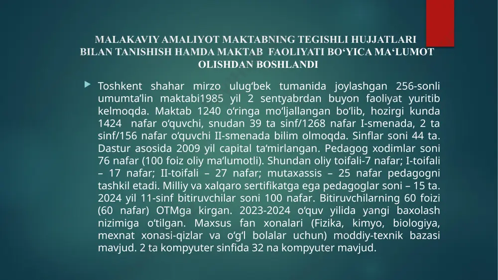 z” so‘rovnomasini)dan lavha bizning sinfimiz metodikasini oʻtkazishdan maqsad – oʻquvchilarning bilim olish jarayonini samarali va tizimli tashkil etish, ularning intellektual rivojlanishini qoʻllab-quvvatlash va ijtimoiy-ahloqiy fazilatlarini shakllantirishdan iborat. bu maqsadga erishish uchun metodika quyidagi vazifalarni bajaradi: taʼlim sifatini oshirish – zamonaviy pedagogik texnologiyalardan foydalangan holda, oʻquvchilarning darsni puxta oʻzlashtirishini taʼminlash. ijodiy va tanqidiy fikrlashni rivojlantirish – mustaqil xulosa chiqarish va muammolarni hal qilish koʻnikmalarini shakllantirish. ijtimoiy kompetensiyalarni kuchaytirish – jamoada ishlash, kommunikatsiya va hamkorlik koʻnikmalarini oshirish. oʻquv jarayonini individuallashtirish – har bir oʻquvchining qobiliyati va qiziqishlarini hisobga olish. fanlararo aloqalarni mustahkamlash – turli fanlar oʻrtasida bogʻliqlik yaratish orqali bilimlarni tizimlashtirish. bu metodika orqali oʻquvchilar nafaqat nazariy bilimlarga, balki amaliy koʻnikmalarga ham ega boʻladilar, bu esa ularning kelajakdagi muvaffaqiyatiga xizmat qiladi. "xavotirlanish darajasini aniqlash" metodikasini o'tkazishdan maqsad – insonning ichki tashvish va xavotir darajasini aniqlash, uning ruhiy holatini baholash va zarurat tug‘ilganda psixologik yordam ko‘rsatishdir. bu metodika quyidagi maqsadlarni o‘z ichiga oladi: …