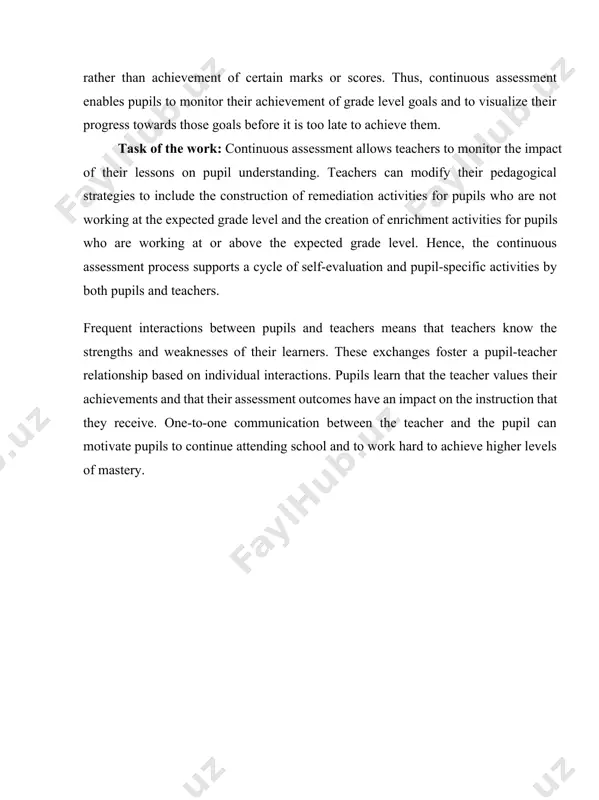 use test scores to hold schools accountable for teacher performance. continuous assessment, an alternative or supplement to high stakes testing of pupil achievement, offers a methodology for measuring pupil performance and using those findings to improve the success of pupils. what is continuous assessment? continuous assessment is a classroom strategy implemented by teachers to ascertain the knowledge, understanding, and skills attained by pupils. teachers administer assessments in a variety of ways over time to allow them to observe multiple tasks and to collect information about what pupils know, understand, and can do. these assessments are curriculum-based tasks previously taught in class. continuous assessment occurs frequently during the school year and is part of regular teacher-pupil interactions. pupils receive feedback from teachers based on their performance that allows them to focus on topics they have not yet mastered. teachers learn which students need review and remediation and which pupils are ready …