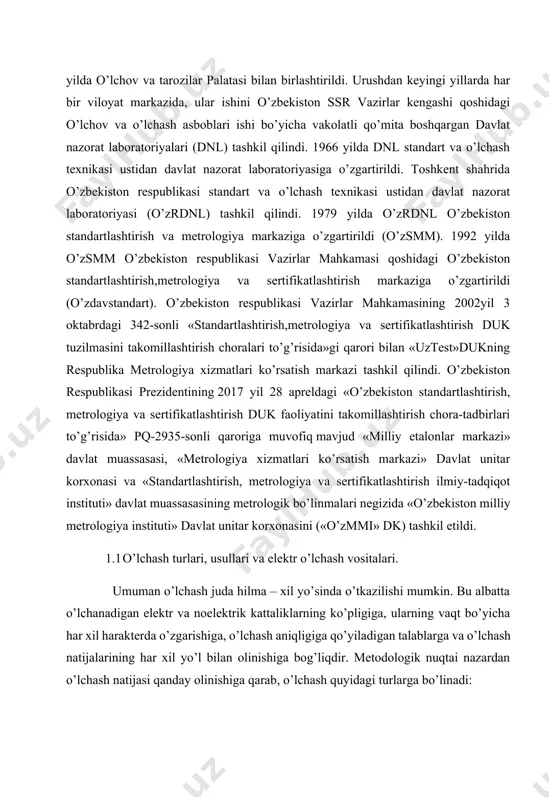 topish uchun bir vaqtda o’tkaziladigan o’lchashlar. masalan, rezistorning 20oc dagi qiymatini turli temperaturalarda o’lchab topish. rt=r0(1+αt2) mutloq o’lchash – bir yoki bir necha asosiy kattaliklarni bevosita o’lchanishini va (yoki) fizikaviy doimiylikning qiymatlarini qo’llash asosida o’tkaziladigan o’lchash. nisbiy o’lchash – kattalik bilan birlik o’rnida olingan nomdosh kattalikning nisbatini yoki asos qilib olingan kattalikka nisbatan nomdosh kattalikning o’zgarishini o’lchash. o’lchash usuli deganda, o’lchash qonun – qoidalari va o’lchash vositalaridan foydalanib, kattalikni uning birligi bilan solishtirish usullari tushuniladi. bevosita baholash usuli – bevosita o’lchash asbobining kuzatish qurilmasi yordamida to’g’ridan – to’g’ri o’lchanayotgan kattalikning (uning aynan o’lchov birligida) qiymatini topish. masalan, kuchlanishni vol’tmetr yordamida o’lchash. o’lchov bilan taqqoslash (solishtirish) usuli – o’lchanayotgan kattalikni o’lchov orqali yaratilgan kattalik bilan taqqoslash usuli bo’lib, bir nechta turlari mavjud: nolga keltirish usuli – bunda kattalikning taqqoslash asbobiga ta’siri natijasini nolga keltirish lozim bo’ladi. masalan, qarshilikni to’la muvozanatlanadigan ko’prik yordamida o’lchash. differensial (ayirmali) o’lchash usuli – o’lchov bilan taqqoslash …