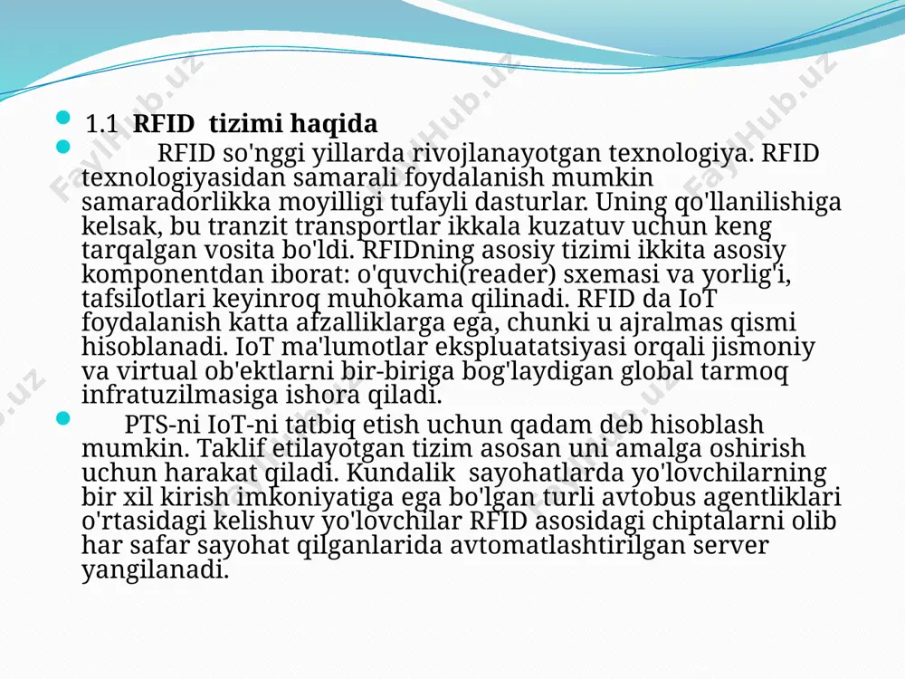 'g'ri ishlash va turli xil xavfsizlik muammolari. birinchidan, yo'lovchilar o'rtasida tariflar bo'yicha juda ko'p chalkashliklar mavjud. bu janjal va korruptsiyaga olib keladi. bunga qo'shimcha ravishda, bugungi kunda ptsda antisosial elementlar tufayli jiddiy xavfsizlik inqirozi mavjud. ushbu mustaqil ishda tavsiya etilgan foydalanuvchi uchun qulay bo'lgan chiptalarni avtomatlashtirish tizimi nafaqat avtomatik ravishda amalga oshiriladi yo'lovchining yo'l haqini bosib o'tgan masofasiga qarab ushlab qoladi, shuningdek yo'lovchining identifikatsiyasini aniqlaydi. bu rfid kartalari va gps-dan foydalanish orqali amalga oshiriladi va tranzaktsiyalarni amalga oshirish va sayohat qilish uchun juda aniq foydalanish mumkin. ushbu qog'oz asosan avtobusda sayohat qilayotgan yo'lovchilarni aniqlash va chiptalari bilan shug'ullanadi. shuningdek, mumkin bo'lgan narsalarni muhokama qiladi, internet-narsalar (iot) kabi sohalarda ushbu tizimning kelajakdagi kengaytmalari. pts-da rfid-dan foydalanish g'oyasi ilgari turli xil shaxslar tomonidan ilgari surilgan.