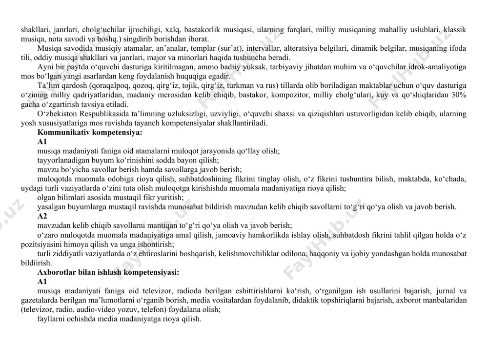 ttalarga, o‘rtoqlari va o‘zidan kichiklarga yordam berish, maktabdagi va maktabdan tashqari tadbirlarda ishtirok etish va muomala madaniyatga amal qilish; kattaga hurmat, kichikka izzatda bo‘lish kabi sifatlarga ega bo‘lish, oiladagi o‘z o‘rnini hamda vazifalarini anglay olish; maktab binosi, sinfdagi jihozlar, mebellarni asrab-avaylash farzandlik va o‘quvchilik burchini bilish, unga amal qilish; o‘zining yoshiga nisbatan qanday huquqlari borligini bilish, sinfdagi jihozlar, o‘quv qurollarini asrab-avaylash; maktabda, oilada, turar joyida bo‘layotgan jarayonlarda (turli tadbirlar, shanbalik va h.k.) ishtirok etish. a2 sog‘lom e’tiqod va dunyoqarash tushunchalarini bilish; jamiyatda bo‘layotgan voqea-hodisalarga befarq bo‘lmaslik, vatan oldidagi mas’uliyatni his qilish, kasblarning mohiyatini tushunish va ongli ravishda tanlash, mehnat hamda fuqarolik munosabatlarida muomala, iqtisodiy, ekologik, huquqiy madaniyatiga rioya qilish. milliy va umummadaniy kompetensiya: a1 orasta kiyinish va doimo shunga amal qilish, do‘stlariga, yaqinlari va atrofdagilarga mehribon bo‘lish, orasta kiyinish, yurish-turishda kattalardan o‘rnak olish, o‘z uyi, maktabi, turar mahallasini qadrlash; ozodalikka rioya qilish, milliy bayramlarini bilish, o‘quvchining odob-axloq qoidalari tushunchaga ega …