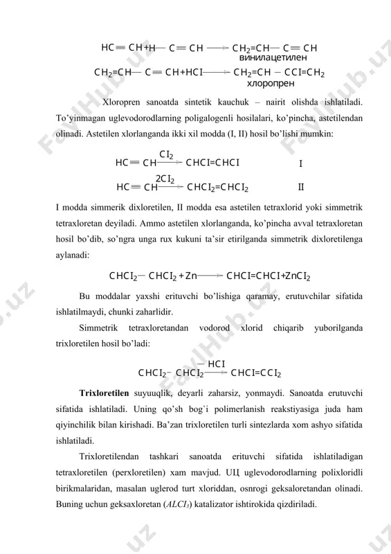 xlorid bilan bir qatorda dixloretilen ham hosil bo’ladi. shuning uchun sanoatda poliviniliden xlorid olishda viniliden xlorid avval begona aralashmalardan tozalanadi. viniliden xlorid ul’tirabinafsha nurlar, yorug`lik, pereoksid birikmalar va hokazolar ta’sirida oson polimerlanadi va yuqori molekulyar birikma- poliviniliden xlorid hosilqiladi: poliviniliden xlorid ham polivinilxlorid kabi sanatda ishlatilinadigan polimer bo’lib, undan turlixil plastmassalar olinadi. vinmliden xloridning vinil xlorid bilan birga spolimerlanib hosil qilgan polimeri saran deb aytiladi va elektiro texnikada izolyator sifatida ishlatilinadi. 2. vinilastetatni sintez reakstiyasi polivinilxlorid tolasiga, vinilxloridning polimeri va sopolimeridan olingan rovil, termovil tolari, polivinilxlorni xlorlab olingan xlorin, pц vinilidenxloridning sopolimeri bo’lgan soviden va saran tolalari kiradi. vinilxloridni olishda eng asosiy xom ashyo astitelin va etilendir. vinilxlorid etilendan ikki bosqichda hosil qilinadi. 1) 2) astitilendan esa, to’rridan to’rri vodorod xloridi bilan astitilenni reakstiyaga uchratib hosil qilinadi.. hosil qilingan vinilxlorid (sn2 = sns1) polimerizastiyaga uchratilib tolalar olinadi. polivinilxlorid tolalaridan xlorin katta ahamiyatga egadir. bu tola radikulit, revmatizm kasalliklarini davolashda ishlatiladi. …