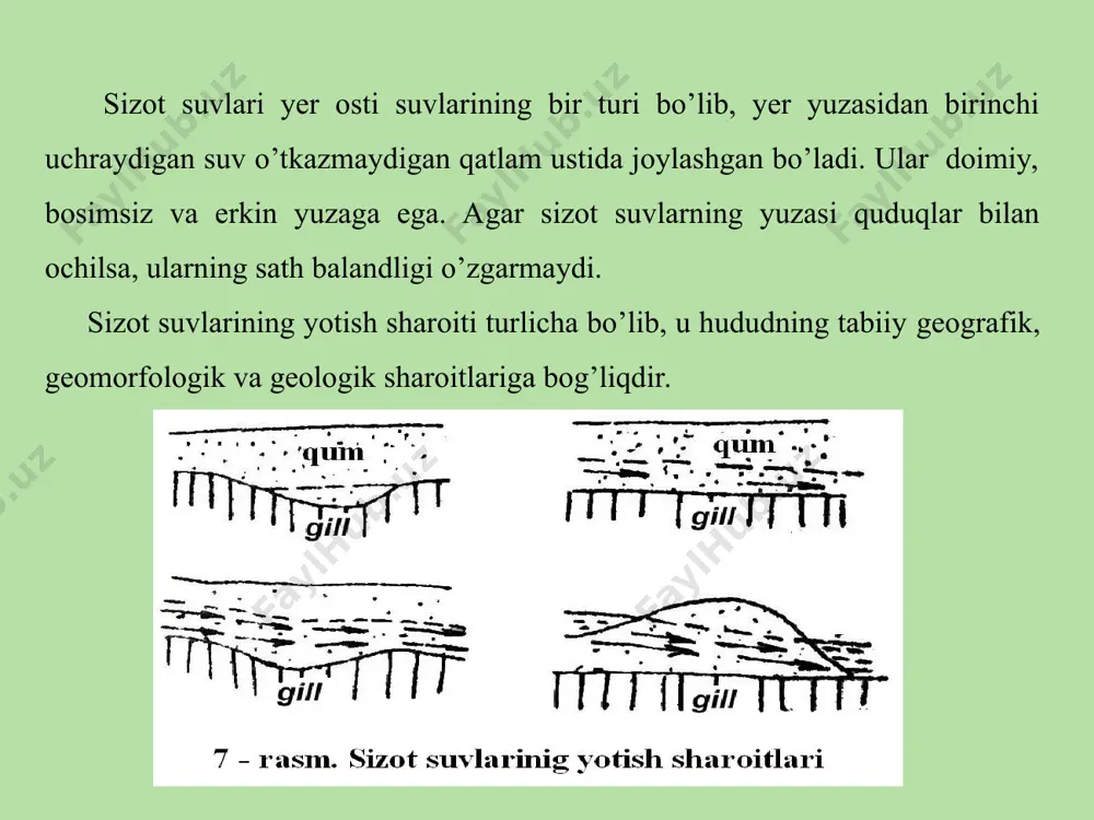 ng qalinligini; 4) sizot suvlarining yotish holatini va yer yuzasi relefiga munosabatini; 5) sizot suvlarining yer usti suvlari bilan o’zaro bog’liqligini; 6) sizot suvlari oqimining ozuqalanish, sarflanish maydonlarini; 7) erlarning meliorativ holatini tezkorlik bilan baholash va uni nazorat qilishni. 15-jadval sizot suvlarining gidroizogips va yotish chuqurligi xaritasini tuzish uchun ma'lumotlar. қудуқ ва сув ўлчагичлари рақами ер юзининг абсалют баландлиги, м еосларининг чуқурлиги, м еосларининг абсалют баландлиги 1 251,6 7,0 244,6 2 249,6 1,7 247,9 3 248,2 0,0 248,2 4 253,0 1,5 251,5 5 255,2 1,2 254 6 250,0 6,0 244 7d 245,0 0,0 245 8 249,0 0,5 248,5 9 251,8 0,5 251,3 10 254,0 0,7 253,3 11d 250,0 0,0 250 12 249,0 3,8 245,2 13 247,0 0,2 246,8 14 249,8 0,2 249,6 15d 253,2 1,0 252,2 16 249,0 8,0 241 17 251,4 8,0 243,4 18 250,5 6,0 244,5 19 250,5 2,5 248 20 253,0 2,5 250,5 21 251,0 9,4 241,6 …