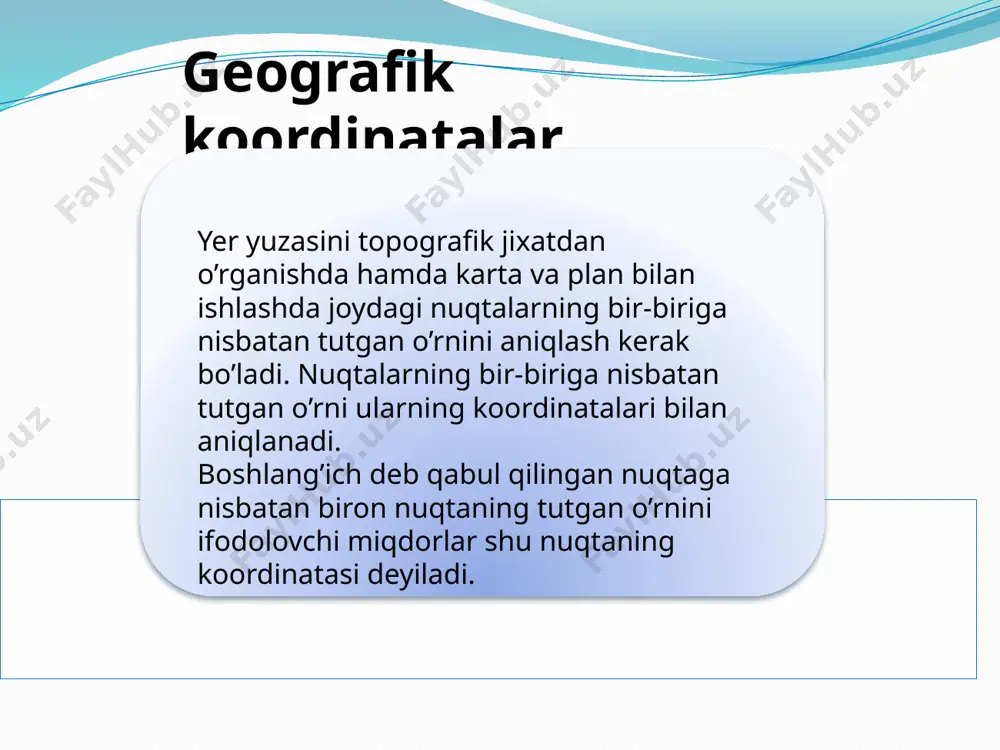 mli ordinata chizig’idan a nuqtasigacha o’lchab (1,2 sm ) uni karta masshtabiga ko’paytiramiz: 1,2 sm x 500m =600 m. uning abstsissa qiymati x.6018 km x600m= 6018600 mertr kartadagi a nuqtasi ekvator dan 6018 km 600 m shimolda joylashgan bo’ladi. yer yuzasidagi nuqtaning balandligi. geografik, to’g’ri burchakli koordinatlar bilan nuqtaning planli o’rni aniqlaniladi. nuqtaning planli o’rni derganda, bu nuqtaning shartli qabul qilingan ellipsoid yoki shar yuzasidagi o’rni tushuniladi. xaqiqatdan esa nuqta yer ellipsoidi yuzasida emas, balki yerning tabiiy (fizik) yuzasida joylashgan nuqtaning o’rnini aniqlash uchun uning boshlang’ich sathiy (geoid) yuzasidan balandligini xam e'tiborga olish zarur. nuqtaning boshlang’ich sathiy yuzasidan balandligi, uning balandlik koordinatasi xisoblanadi. в.nuqtaning а nuqtaga nisbatan balandligi musbat (+), а. nuqtaning в. nisbatan balandligi esa manfiy (-) bo’ladi. а nuqtaning в nuqtaga nisbatan balandligi formulasi hаb =нa- нb. mdhda oliy geodeziya boshqarmasi tashkil qilingan kundan (1919 yil) boshlab bosh meridian qilib grivich meridiani qabul qilindi. foydalanilgan adabiyotlar. asomov m., …