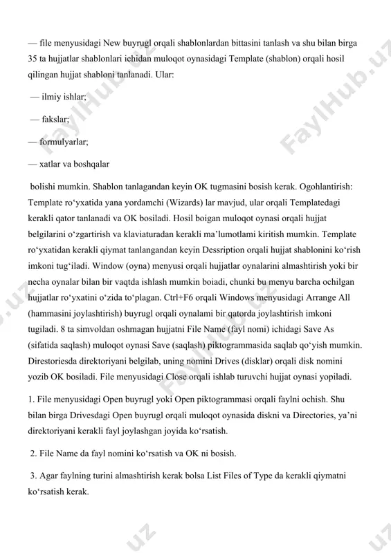 na) menyusi orqali hujjatlar oynalarini almashtirish yoki bir necha oynalar bilan bir vaqtda ishlash mumkin boiadi, chunki bu menyu barcha ochilgan hujjatlar ro‘yxatini o‘zida to‘plagan. ctrl+f6 orqali windows menyusidagi arrange all (hammasini joylashtirish) buyrugl orqali oynalami bir qatorda joylashtirish imkoni tugiladi. 8 ta simvoldan oshmagan hujjatni file name (fayl nomi) ichidagi save as (sifatida saqlash) muloqot oynasi save (saqlash) piktogrammasida saqlab qo‘yish mumkin. direstoriesda direktoriyani belgilab, uning nomini drives (disklar) orqali disk nomini yozib ok bosiladi. file menyusidagi close orqali ishlab turuvchi hujjat oynasi yopiladi. 1. file menyusidagi open buyrugl yoki open piktogrammasi orqali faylni ochish. shu bilan birga drivesdagi open buyrugl orqali muloqot oynasida diskni va directories, ya’ni direktoriyani kerakli fayl joylashgan joyida ko‘rsatish. 2. file name da fayl nomini ko‘rsatish va ok ni bosish. 3. agar faylning turini almashtirish kerak bolsa list files of type da kerakli qiymatni ko‘rsatish kerak. :■ ё "ii щ :a's'bs 0 »г й …