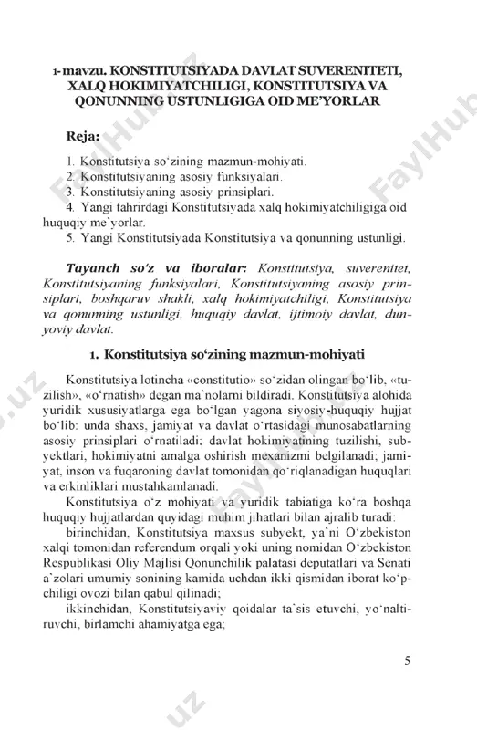 xalq hokimiyatchiligi hamda inson huquq va erkinliklari» hamda «konstitutsiyada siyosiy, iqtisodiy, ijtimoiy va boshqa sohalardagi kafolatlar» o'quv modullari doirasida muhim mavzulami qamrab oladi. qo'llanma oliy ta 'lim muassasalari talabalari, magistr va il- miy tadqiqotchilar uchun mo'ljallangan. 1 https://xs.uz/uzkr/post/endi-islohotlarimiz-jolidan-hech-qachon-ortga-qajtmajmiz- inson-zhamiyat-davlat-degan-yangi-tizim-asosida-faqat-va-faqat-oldinga-qarab-boramiz- prezident https://xs.uz/uzkr/post/endi-islohotlarimiz-jolidan-hech-qachon-ortga-qajtmajmiz- i- mavzu. konsututsiyada davi a i suverentteii, xalq hokimiyatchiligi, konstitutsiya va qonunning ustunligiga oid me’yorlar reja: 1. konstitutsiya so'zining mazmun-mohiyati. 2. konstitutsiyaning asosiy funksiyalari. 3. konstitutsiyaning asosiy prinsiplari. 4. yangi tahrirdagi konstitutsiyada xalq hokimiyatchiligiga oid huquqiy me'yorlar. 5. yangi konstitutsiyada konstitutsiya va qonunning ustunligi. tayanch so 'z va iboralar: konstitutsiya, suverenitet, konstitutsiyaning funksiyalari, konstitutsiyaning asosiy prin­ siplari, boshqaruv shakli, xalq hokimiyatchiligi, konstitutsiya va qonunning ustunligi, huquqiy davlat, ijtimoiy davlat, dun- yoviv davlat. 1. konstitutsiya so‘zining mazmun-mohiyati konstitutsiya lotincha «constitutio» so'zidan olingan bo'lib. «tu- zilish», «o'rnatish» degan ma'nolarni bildiradi. konstitutsiya alohida yuridik xususiyatlarga ega bo'lgan yagona siyosiy-huquqiy hujjat bo'lib: unda shaxs, jamiyat va davlat o'rtasidagi munosabatlarning asosiy prinsiplari o'rnatiladi: davlat …