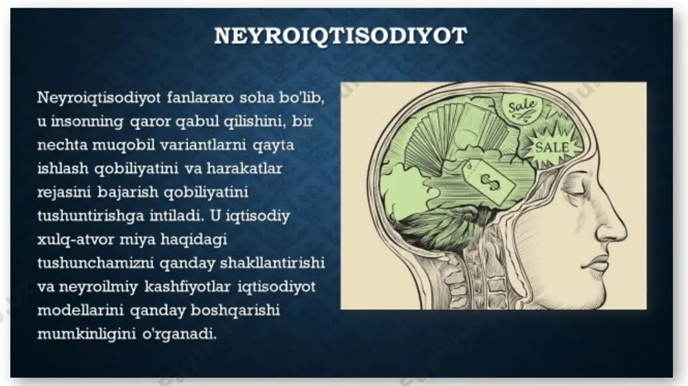 yat bilan bog‘liq qon oqimining o‘zgarishini tasavvur qilish mumkin. neyron otilishi paytida qon oqimining miqdori dam olish holatiga nisbatan 20-40 foizga oshadi. buning sababi shundaki, asabiy faoliyat kislorod va glukozani talab qiladi, shuning uchun kislorodga biriktirilgan ko‘proq gemoglobin, oksigemoglobin kapillarlarda qon oqimi orqali ta’minlanadi. nerv faolligining bir qatorida kislorod iste’moli tufayli oksigemoglobinning bir qismi deoksigemoglobinga aylanadi, ammo iste’molning ortishi atigi 5 foizni tashkil qiladi. bu mahalliy qon oqimining ko‘payishiga qaraganda kamroq, shuning uchun mahalliy hududda oksigemoglobin nisbatan ko‘payadi. oksigemoglobin deoksigemoglobinga nisbatan silliq magnitlanmaydi, shuning uchun asab faolligi magnitlanishni kamaytiradi va mahalliy hududda magnit-rezonans signallarini oshiradi. shunday qilib, ushbu magnit-rezonans signallarining o‘zgarishini o‘lchash orqali fmri bilvosita neyron faollikni ushlab turishi va vizualizatsiya qilishi mumkin. magnit-rezonans signallarining statistik tahlillari orqali miyaning sezilarli darajada faollashgan joylarini aniqlash mumkin. 3. inson miyasining xususiyatlari, miyaga iqtisodiy o‘zgarishlarning ta’siri va mukofotga asoslangan qaror qabul qilish. eksperimental psixologiya bo‘yicha tadqiqotlar mukofot va javob o‘rtasidagi munosabatni o‘rganish uchun …