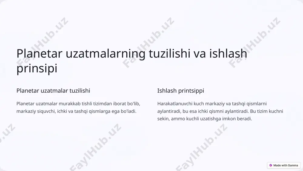 kab tizimidan iborat bo'ladi planetar uzatmalarning afzalliklari va ulardan foydalanish afzalliklari yuqori aniqligi, katta kuchlanishga chidamliligi, yaxshi quvvat uzatish qobiliyati foydalanish sohalari sanoat robotikasiа, ko'tarish uskunalari, transport vositalari, elektr motorlari va boshqa qo'llaniladi to'lqinsimon uzatmalarning istiqbolli rivojlanishi 1 avtomatlashtirish 2 miniaturlashtirish 3 samaradorlik 4 ishonchlilik 5 kompaktlik to'lqinsimon uzatmalar kelgusi yillarda avtomatlashtirish, miniaturlashtirish, yuqori samaradorlik, ishonchlilik va kompaktlik kabi yaxshilanishlarni ko'rishi kutilmoqda. xulosa: planetar va to'lqinsimon uzatmalar, hamda reduktorlarning ahamiyati 5 afzalliklari 2 kamchiliklari 10 qo'llanish sohalari 100 texnologiyasining istiqbolli rivojlanishi planetar va to'lqinsimon uzatmalar, hamda reduktorlar zamonaviy sanoatning muhim tarkibiy qismlaridan biri. ular yuqori aniqligi, kuchlanishga chidamliligi, katta quvvat uzatish qobiliyati kabi afzalliklariga ega. robotlar, ko'tarish uskunalari, transport vositalari, elektr motorlari va boshqa ko'plab sohalar uchun keng qo'llaniladi. kelgusi yillarda ushbu texnologiyalarning avtomatlashtirish, miniaturlashtirish, samaradorlik va ishonchlilik kabi sifatlarida yaxshilanishi kutilmoqda. image3.png image4.png image5.png image6.png image7.png image8.png image9.png image10.png image11.png image12.png image13.png image14.png image15.png image1.png image2.png