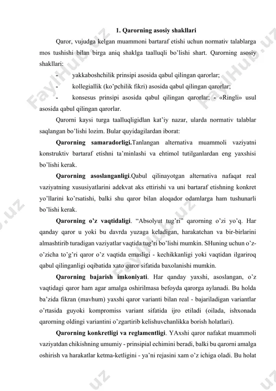 qaror nafakat muammoli vaziyatdan chikishning umumiy - prinsipial echimini beradi, balki bu qarorni amalga oshirish va harakatlar ketma-ketligini - ya’ni rejasini xam o’z ichiga oladi. bu holat qaror ijrosini nazorat kilish va shu orqali muammoga konstruktiv yondashish imkonini beradi. qarorda qat’iylik va egiluvchanlikka amal qilganligi. agar qaror qabul qilindimi, u bajarilishi kerak, degan qoida bor. shuning uchun ham qabul qilingan qarorni bajarilishida (ish faoliyatidami, oiladami) qattiklik namoyon kilinishi kerak. shu ma’lumki, ba’zi hollarda qabul qilingan qarorning xatoligini payqab qolamiz (rahbarlik faoliyatida tez- tez uchrab turadi). bunday hollarda “zahiradagi variantlar” ishga tushishi orqali xatoni tug’rilash mumkin bo’ladi. qarorda “cheklovchi omil” prinsipini inobatga olinganligi. bunda bir nechta alternativalar ichidan muhimi tanlab olinayotganda odam cheklovchi yoki hal qiluvchi omillarga e’tibor berib, ularni aniq anglashi kerak. 2.qaror qabul qilish tushunchasining mohiyati va sub’ektlari qaror qabul qilish ko’proq uni qabul qiluvchi kishi va uning psixologik xususiyatlariga, shuningdek uning atrofidagi ob’ektiv shart sharoitga, ko’pincha bog’liq bo’ladi. …
