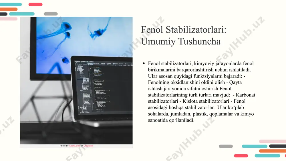 ing ishlab chiqarish samaradorligini oshirishda katta hissasi bor. ular bozor tendentsiyalarini belgilaydi va innovatsiyalarni joriy etish imkoniyatlarini o'rganadi. xulosa fenol stabilizatorlari sanoatda muhim rol o'ynaydi. ular kimyoviy xususiyatlari tufayli mahsulotlarning sifatini yaxshilaydi, uzoq muddatli barqarorlik ta'minlaydi va atrof-muhit xavfsizligini oshiradi. ularning turlari va qo'llanilishi sanoatning turli sohalarida kengaymoqda. kelajakda fenol stabilizatorlarining rivojlanish imkoniyatlari mavjud. yangi texnologiyalar va innovatsiyalar orqali ularning samaradorligi oshishi va mahsulot sifatini yanada yaxshilanishi kutilmoqda. bu, o'z navbatida, sanoatdagi raqobatbardoshlikni oshiradi va ekologik xavfsizlikni ta'minlaydi. foydalanilgan adabiyotlar 1. umarov, a. a. fenol stabilizatorlari: umumiy tushuncha. o'zbekiston milliy universiteti, 2021 2. abdurakhmonov, b. s. fenol stabilizatorlarining foydasi. kimyo va kimyoviy texnologiyalar jurnali, 2020 3. ismoilov, d. j. fenol stabilizatorlarining xossalari. o'zbekiston respublikasi fanlar akademiyasi, 2022 4. khamraev, i. m. ishlab chiqarish sohalarida fenol stabilizatorlar. sanoat kimyosi, 2023 5. murodov, r. e. fenol stabilizatorlarining sanoatdagi o'rni. o'zbekiston kimyo jurnali, 2023 e'tiboringiz uchun rahmat! designed by slides carnival image1.png image2.png …