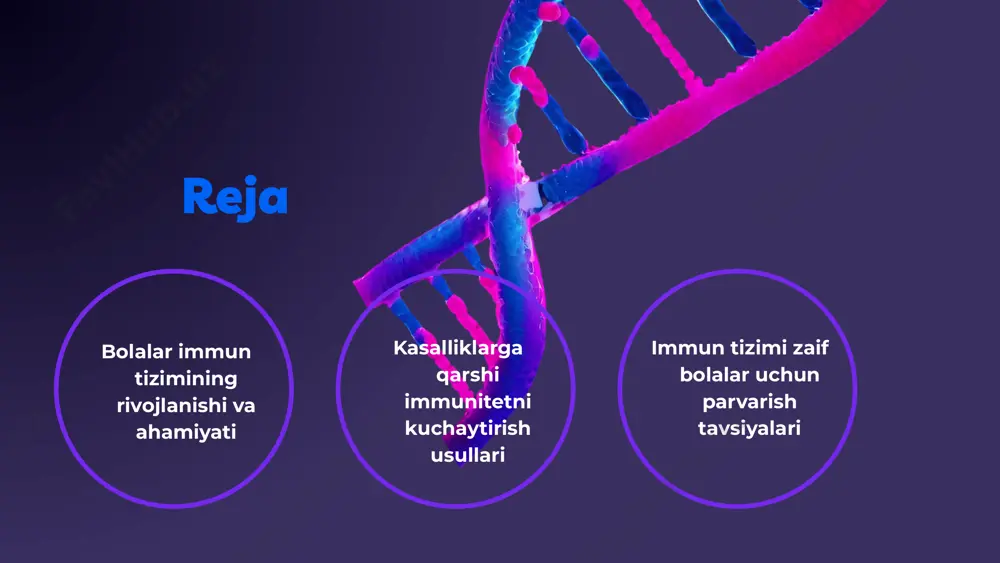 t-hujayralar va b-hujayralar, infektsiyalarga qarshi kurashishda va antikorlarni ishlab chiqarishda muhim ahamiyatga ega. ikkinchidan, bolalar immun tizimi tashqi muhit omillariga juda sezgir. masalan, ovqatlanish, infektsiyalar, va atrof-muhitning ifloslanishi ularning immun javobini kuchaytirishi yoki susaytirishi mumkin. yosh bolalar ko'pincha kasalliklarga qarshi immunitetning rivojlanishi uchun emlash orqali himoyalanadi. misol sifatida, bolalarni emlash dasturlari, masalan, qizamiq, o'pka yallig'lanishi va boshqa kasalliklar uchun immunitetni rivojlantirishga yordam beradi. buning natijasida, bolalar sog'lom o'sib borishlari va kasalliklarga qarshi kuchli immun tizimiga ega bo'lishlari uchun zaruriy sharoitlar yaratiladi. photo by national cancer institute on unsplash immun tizimining rivojlanishi immun tizimining rivojlanish bosqichlari bolalarda immun tizimi hayotining dastlabki kunlarida rivojlanadi. boshqa omillar, jumladan, genetik xususiyatlar ham muhimdir. bolalar uchun muhim oziq-ovqatlar sut, mevalar, sabzavotlar va protein manbalari bolalar uchun zarur bo‘lib, immunitetni mustahkamlashda yordam beradi. oziqlanish ahamiyati: statistik ma'lumotlar oziqlanish sog‘likka ta'sir qiladi. to‘g‘ri oziqlanish immun tizimining 50% ni tashkil etadi. ota-onalar uchun tavsiyalar ota-onalar bolalarining oziqlanishini nazorat …