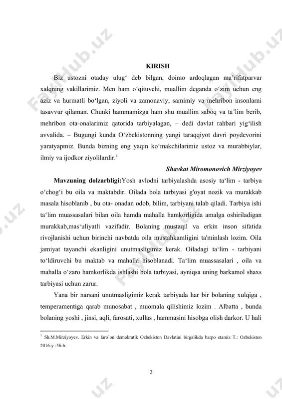 va murakkab masala hisoblanib , bu ota- onadan odob, bilim, tarbiyani talab qiladi. tarbiya ishi ta‘lim muassasalari bilan oila hamda mahalla hamkorligida amalga oshiriladigan murakkab,mas‘uliyatli vazifadir. bolaning mustaqil va erkin inson sifatida rivojlanishi uchun birinchi navbatda oila mustahkamligini ta'minlash lozim. oila jamiyat tayanchi ekanligini unutmasligimiz kerak. oiladagi ta‘lim - tarbiyani to‘ldiruvchi bu maktab va mahalla hisoblanadi. ta‘lim muassasalari , oila va mahalla o‘zaro hamkorlikda ishlashi bola tarbiyasi, ayniqsa uning barkamol shaxs tarbiyasi uchun zarur. yana bir narsani unutmasligimiz kerak tarbiyada har bir bolaning xulqiga , temperamentiga qarab munosabat , muomala qilishimiz lozim . albatta , bunda bolaning yoshi , jinsi, aqli, farosati, xullas , hammasini hisobga olish darkor. u hali bola degan fikrni unutib, bola boshidan degan fikr bilan tarbiyalanib borishi kerak. tarbiya jarayonida mayda detal degan narsa bo‘lmasligi kerak , chunki u o‘z o'rnida g'oyat muhim bo'lishi mumkin." bolani faqat u bilan gaplashganda , nasihat qilganda yoki unga biror …