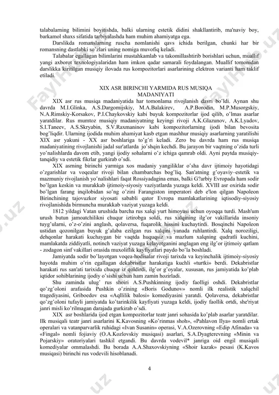 vojlanish davri bo‛ldi. aynan shu davrda m.i.glinka, a.s.dargomijskiy, m.a.balakirev, a.p.borodin, m.p.musorgskiy, n.a.rimskiy-korsakov, p.i.chaykovskiy kabi buyuk kompozitorlar ijod qilib, o‛lmas asarlar yaratdilar. rus mumtoz musiqiy madaniyatning keyingi rivoji a.k.glazunov, a.k.lyadov, s.i.taneev, a.s.skryabin, s.v.raxmaninov kabi kompozitorlarning ijodi bilan bevosita bog‛liqdir. ularning ijodida muhim ahamiyat kasb etgan mashhur musiqiy asarlarning yaratilishi xix asr yakuni - xx asr boshlariga to‛g‛ri keladi. zero bu davrda ham rus musiqa madaniyatining rivojlanishi jadal sur'atlarda jo‛shqin kechdi. bu jarayon bir vaqtning o‛zida turli yo‛nalishlarda davom etib, yangi ijodiy sohalarni o‛z ichiga qamrab oldi. ayni paytda musiqiy-tanqidiy va estetik fikrlar gurkirab o‛sdi. xix asrning birinchi yarmiga xos madaniy yangiliklar o‛sha davr ijtimoiy hayotidagi o‛zgarishlar va voqealar rivoji bilan chambarchas bog‛liq. san'atning g‛oyaviy–estetik va mazmuniy rivojlanish yo‛nalishlari faqat rossiyadagina emas, balki g?arbiy evropada ham sodir bo‛lgan keskin va murakkab ijtimoiy-siyosiy vaziyatlarda yuzaga keldi. xviii asr oxirida sodir bo‛lgan farang inqilobidan so‛ng o‛zini farangiston imperatori deb e'lon qilgan napoleon birinchining tajovuzkor …