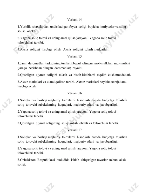 dan chegirmalar. 2.soliq imtiyozlari tarkibi: har toliq oy uchun eng kam ish haqining tort baravari miqdoridagi imtiyoz. 3.soliq obekti tarkibi: oz ichiga aksiz soligini olgan qoshilgan qiymat soligini hisobga olmagan holda yuklab jo natilgan tovar qiymati. variant 23 1.soliqqa tortiladigan daromadni aniqlash. yuridik shaxslaming jami daromadlari tarkibi. 2.yagona soliq tolovi boyicha taqdim etilgan imtiyozlar va preferensiyalar. yagona soliq tolovi hisoblash va tolash tartibi. 3.aksiz soligini tolash muddatlari. iqtisodiyotni modemizatsiyalash sharoitida import qilinadigan aksizosti mahsulotlaridan soliq undirish tartibi. variant 24 1.yuridik shaxslardan undiriladigan soliqlar va boshqa majburiy to6lovlar tarkibi. jismoniy shaxslaming soliqli tolovlariga tavsif. 2.jismoniy shaxslaming daromadlaridan olinadigan soliqni hisoblash uslubiyati. 3.import qilinadigan ishlar va xizmatlarga qoshilgan qiymat soligini toiash tartibi. variant 25 1.ozbekiston soliq tizimida amalda bolgan soliqlar va boshqa majburiy tolovlar. iqtisodiyotni modemizatsiyalash sharoitida soliqlar va boshqa majburiy tolovlaming budjet daromadlaridagi salmogi va o'rni. 2.deklaratsiya boyicha qoshimcha hisoblanadigan soliq summasini budjetga toiash muddati. 3.aksiz soligini hisoblash tartibi. aksiz soligini …