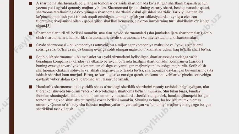 ozim. sotib oluvchi sotib olgan tovarlarni tovarlar yetkazib berilganidan keyin darhol koʻzdan kechirishi, agarda yetkazib berish bilan bogʻliq kamchiliklar aniqlangan taqdirda, tovar yetkazib beruvchi-sotuvchini zudlik bilan yozma ravishda xabardor qilishi lozim. shartnoma taraflarining huquq va majburiyatlari 3.1. sotuvchining huquqlari: - sotilgan tovar haqini toʻlashni; - tovarni oʻz vaqtida qabul qilib olishni; - shartnoma shartlariga toʻliq rioya etishni; - sotib oluvchi tomonidan oʻziga yetkazilgan zararlarning qoplanishini talab qilish. sotib oluvchi qonun hujjatlarida belgilangan asoslarsiz mahsulot yetkazib beruvchi-sotuvchidan tovarni qabul qilib olmagan yoki tovarni rad etgan hollarda mahsulot yetkazib beruvchi-sotuvchi sotib oluvchidan tovar haqini toʻlashni talab qilishga haqli. 3.2. sotuvchining majburiyatlari: - tovarni sotib oluvchiga mulk qilib topshirish; - shartnomada nazarda tutilgan tovarni topshirish; - shartnomada koʻrsatilgan miqdordagi tovarni topshirish; - shartnomada koʻrsatilgan sifatdagi tovarni topshirish; - uchinchi shaxslarning har qanday huquqlaridan holi boʻlgan tovarni topshirish; - shartnomada nazarda tutilgan tovarni sotib oluvchiga idishda yoki oʻralgan holda topshirish; - tovarni sotib oluvchiga …