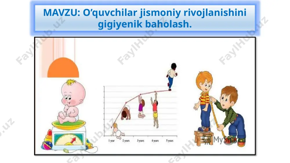 tushuniladi. jismoniy rivojlanish xarakteristikasi uchun, plastik jarayonlarni butunligicha aks ettiruvchi, o’sayotgan organizmda yuz beruvchi asosiy antropometrik belgilar xosdir. jismoniy rivojlanganlik ko’rsatkichlari jinsga bog’liq ravishda farq qilinadi. bolalar va o’smirlarning jismoniy rivojlanishi to’grisidagi ma`lumotlar ularning sog’ligini ko’rsatuvchi muhim belgilardan bo’lib, uning ko’rsatkichlari ko’pgina omillarga jumladan iqtisodiy, tashqi muhit, irsiyat, ovqatlanish va boshqalarga bog’liq. yosh fiziologiyasi va gigiyena fanining tekshirish usullari. bolaning tug’ilishidan boshlab, to voyaga yetguniga qadar uning organlari, organlar tizimlari, to’qimalari va hujayralari funksiyalarini turli biologik va fiziologik usullar yordamidi o’rganib, muhim xususiyatlari qayd qilinib, olingan ma’lumotlar to’planadi va ular taxlil qilinadi: bu usul yordamida organizmning funksiyalariga tashqi atrof-muhit omilarining ta’sirini o’rganish, organizmda biror organning funksiyasi yoki ahamiyatini aniqlash, organ faoliyatining asab tizimi faoliyatiga ta’sirini bilish, organlarni ion bilan ta’minlanish darajasi o’rganiladi. inyeksiya usuli - ichki kovak a’zolarga, qon tomirlarga turli xil kimyoviy bo’yoqlar yuborib o’rganiladi. rentgen nuri yordamida o’rganish usuli - bu usul, organizmni to’lig’icha o’rganish imkonini beradi. auskultasiya …