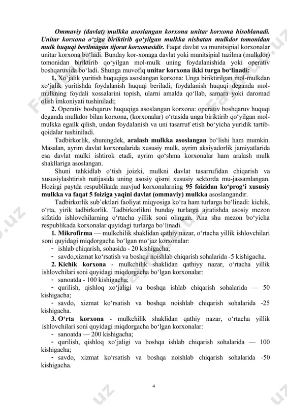 a o‘tishni mo‘ljallab, qonun hujjatla-rini ham shunga moslashtirib kelmoqda. shunga muvofiq o‘zbekiston respublikasi fuqarolik kodeksida va boshqa qonun hujjatlarida mulk​chilikning ikki shakli ehtirof etilgan: xususiy mulk va ommaviy mulk. xususiy mulk egalari xususiy mulkdorlar bo‘lib, jismoniy shaxslar (fuqarolar) va yuridik shaxslar hisoblanadilar. xususiy mulk shaxsiy ehtiyojni qondirishga mo‘ljallangan. u shaxsiy mulkdan farqli o‘laroq, yollanma mehnatni jalb qilib, tadbirkorlik bilan shug‘ullanishda ham ishlatiladi. xususiy mulk tufayli xususiy tadbirkorlikka yo‘l ochiladi. xususiy mulk - bu mulk egasi (mulkdor) o‘z mulkiga nisbatan o‘z huquqlarini xususiy tarzda, ya’ni boshqalarning roziligi yoki ruxsatini so‘rab o‘tirmay amalga oshiradigan mulkdir. xususiy tadbirkorlik va jamoa tadbirkoriigining asosiy qismi ana shu mulkka asoslanadi. ommaviy mulk - bu davlat va boshqa ommaviy tuzilmalar mulki bo‘lib, ommaga tegishlidir. davlat mulki haqiqatan ham xalqqa qarashli bo‘linmaydigan mol-mulkdan iborat. unga yer, yer osti boyliklari, suv, o‘simlik va hayvonot dunyosi, havo bo‘shlig‘i va boshqalar, ya’ni iqtisodiy tizimning bevosita aholi foydasiga ishlaydigan va millatning ijodiy …