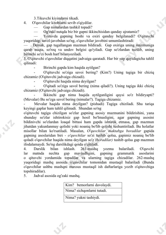 tobeligini tushunishga qara-tilgan mashqlar tizimidan foydalaniladi: 1. gaplarni yoyish. buning uchun gapning qaysi bo'lagi yoyishni talab qilishi aniqlanadi. masalan, ,,daraxtlar gullaydi"gapini tahlil qilish uchun berilgan ega va kesim (gapning asosi) ajratiladi. · daraxtlar qachon gullashini aytish uchun gapga qaysi so'zni qo'shish kerak? · qachon gullaydi? (bahorda gullaydi) · bu so'z gapning qaysi bo'lagi bo'ladi? (ikkinchi darajali bo'lak) · u gapning qaysi bo'lagiga bog'ianadi, ya'ni tobelanadi? (kesimga bog'lanadi) · gapga egani izohlaydigan yana bitta so'z qo'ying. qanday gap hosil bo'ldi? (mevali daraxtlar bahorda gullaydi). 2. so'zlari aralash berilgan gapni qayta tiklash. avval gapning asoslari (ega va kesim) tiklanadi (aniqlanadi), so'ng so'roqlar yordamida ikkinchi darajali bo'laklar (so'z birikmalari) ,,topiladi", tiklanadi. masalan, mashinada, teradi, terimchi, paxtani. — gap kirn haqida aytilgan? (terimchi haqida, kirn ? — terimchi) · u haqda nima deyilgan? (teradi. terimchi teradi — bosh bo'laklar). · so'roqlar yordamida so'z birikmasini toping. nimani? teradi (paxtani teradi), nimada? teradi (mashinada teradi). keyin …