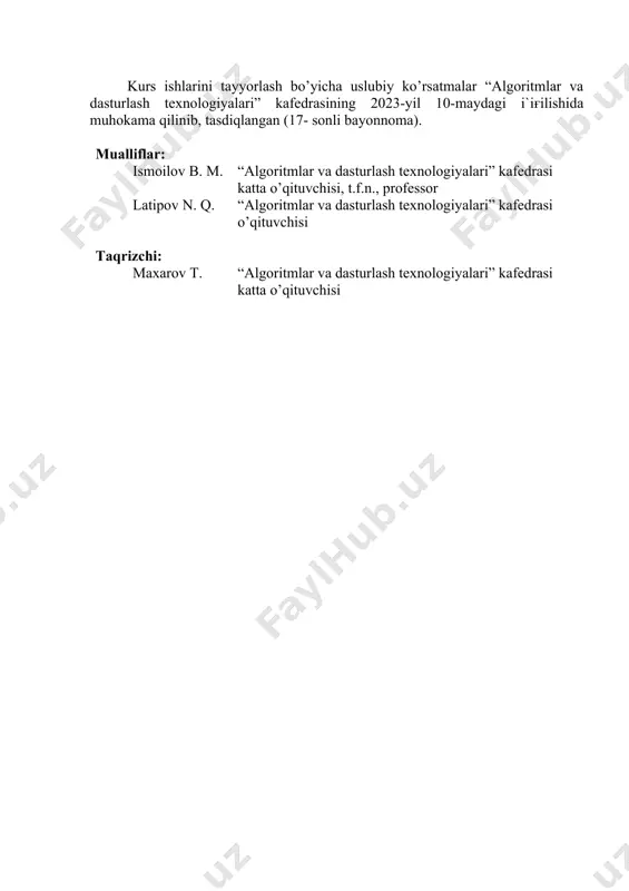 ini yig’ib berishi kerak emas, balki materialga ijodiy ishlov berishi ko’zda tutiladi. kurs ishi o'z ichiga tanlangan mavzu bo'yicha muammolarni talaba tomonidan mustaqil o'rganilishini nazarda tutadi, ya’ni kichik o’quv-ilmiy tadqiqot bo’lgani uchun mazmun va shakliga ko’ra ilmiy ish matni standartlariga mos bo’lishi kerak. kurs ishining maqsadi o‘rganilayotgan fan bo‘yicha kafedra yoki yetakchi o‘qituvchi tomonidan talaba tomonidan belgilab berilgan ish mavzusi bo‘yicha topshirilgan masalani yechishdan iborat. berilgan masalaning yechimi sifatida o’zaro bog’liq bo’lgan matnli, dasturiy hamda grafik materiallar ko’riladi. ishning matnli qismida talaba masala yechimi bosqichlarini turli yo‘llar: so’zlar, jadvallar yoki grafika (diagrammalar va chizmalar) yordamida ta’riflash orqali izchil va mantiqiy bayon qilishi va yechim usullarini asoslab berishi kerak bo’ladi. kurs ishining vazifasi sifatida quyidagilar ko’riladi: · o'quv jarayonida talaba tomonidan olingan bilimlarni mustahkamlash, chuqurlashtirish, umumlashtirish va tizimlashtirish; · ilmiy tadqiqot usullaridan foydalana olish; · amaliy ko'nikmalarga ega bo’lish va berilgan ilmiy yoki ilmiy-texnikaviy masalani hal qilishda ijodiy yondashuvni rivojlantirish; · …