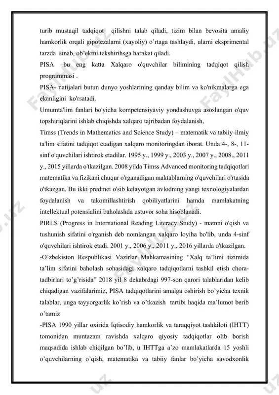 ilgan. -o’zbekiston respublikasi vazirlar mahkamasining “xalq ta’limi tizimida ta’lim sifatini baholash sohasidagi xalqaro tadqiqotlarni tashkil etish chora-tadbirlari to’g’risida” 2018 yil 8 dekabrdagi 997-son qarori talablaridan kelib chiqadigan vazifalarimiz, pisa tadqiqotlarini amalga oshirish bo’yicha texnik talablar, unga tayyorgarlik ko’rish va o’tkazish tartibi haqida ma’lumot berib o’tamiz -pisa 1990 yillar oxirida iqtisodiy hamkorlik va taraqqiyot tashkiloti (ihtt) tomonidan muntazam ravishda xalqaro qiyosiy tadqiqotlar olib borish maqsadida ishlab chiqilgan bo’lib, u ihttga a’zo mamlakatlarda 15 yoshli o’quvchilarning o’qish, matematika va tabiiy fanlar bo’yicha savodxonlik darajasini baholashning yuqori sifatli indikatorlarini yaratish uchun mo’ljallangan loyihadir. -pisa, ihttga a’zolik maqomiga ega bo’lgan davlatlar, ya’ni ihttga a’zo, hamkor va ishtirokchi davlatlar bilan birgalikda hamda parij shahrida joylashgan kotibiyat orqali boshqariladi pisa tadqiqotlariga tayyorgarlik ko’rish, amalga oshirish muddati 5 yilga mo’ljallangan bo’lib, xalqaro pudratchilar tomonidan 2018 yilda sinov materiallari ishlab chiqildi, 2019 yil sinov materiallarini moslashtirish ishlari olib boriladi, unga tayyorgarlik holatini tahlil qilish maqsadida milliy darajada baholashlar, …