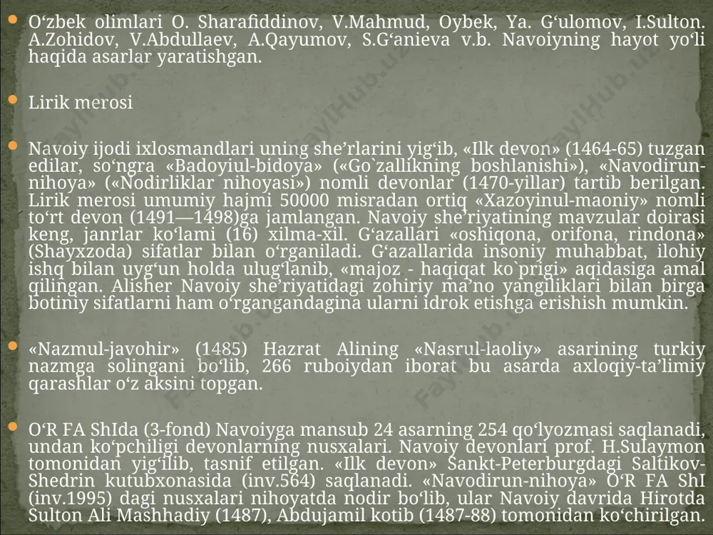 ali ekanini uqdiradi. sharq tarixidagi xusrav va shirin voqeasini badiiy jihatdan qayta ishlab, farhod orqali oʻzining komil inson haqidagi qarashlarini ifoda qilgan. navoiy dostoni orqali firdavsiy, nizomiy, dehlaviy anʼanalari yangilangan boʻlsa, undan keyin bu syujet turk mumtoz adabiyotining oʻzak muammolarini hal etishda asosiy oʻrin tutdi va bu yoʻnalishda ahmad rizvon, jaliliy, harimiy, bafqiy, urfi sheroziy, lamiiy, nizoriy v.b. dostonlari yaratildi. «layli va majnun» dostonida arab ertaklari orqali maʼlum syujet oʻzining tugal shaklini topdi, unda ishq falsafasi betakror uslubda ifoda qilindi. keyinroq yaratilajak fuzuliy, andalib, sayqaliy dostonlari uchun maʼnaviy zamin boʻldi. «xamsa» tarkibidagi «sabʼai sayyor» va «saddi iskandariy»da shohlik bilan bogʻliq masalalarni birinchi oʻringa olib chiqdi. bu dostonlar xamsanavislik anʼanasida oʻzining ijtimoiy-siyosiy xarakteri va originalligi bilan ajralib turadi. «xamsa»ga ustoz abdurahmon jomiy (1414—1492) yuqori baho berdi. oʻr fa shi qoʻlyozmalar fondida 15-20 asrlarda koʻchirilgan 166 qoʻlyozma saqlanadi. ulardan 84 tasida beshlikning hamma dostonlari berilgan. «xamsa» haqida xorijiy olimlar a.vamberi, j.malokolin, f.richard, …