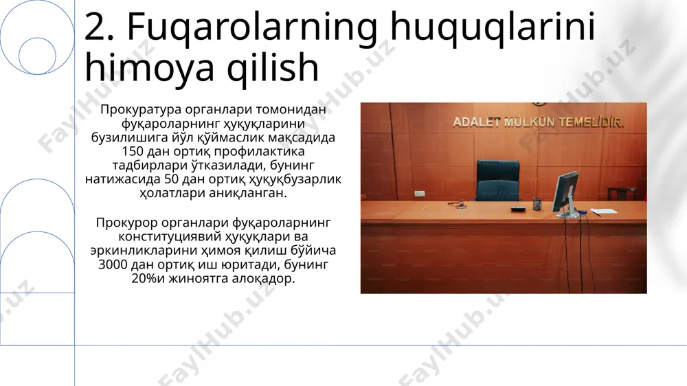 lishlari aniqlanib, tegishli choralar ko'rilgan, bu esa jinoyatchilikka qarshi kurashda muhim rol o'ynaydi. prokuratura nazorati davlat organlari va mansabdor shaxslarning qonunlarga rioya etilishini 300 dan ortiq sohada nazorat qilishni o'z ichiga oladi, bu esa huquqiy tizimning mustahkamligini ta'minlaydi. 16.prokurorning vakolatlari va vazifalari prokuror jinoyatlarni tergov qilishda nazorat qiladi, 30 kun ichida ayblov xulosasini taqdim etadi va sudda davlat ayblovini himoya qiladi. prokurorning vakolatiga sud qarorlariga norozilik bildirish, 5 kun ichida kasatsiyasi berish va qonun buzilishi holatlariga aralashuv kiradi. 17.jinoyat ishlarini qo'zg'atish va tergov qilish jinoyat ishi bo'yicha tergov muddati, odatda, 2 oyni tashkil etadi, ammo murakkab holatlarda 6 oygacha uzaytirilishi mumkin. jinoyat ishlarini qo'zg'atish uchun yetarli dalillar mavjudligi va ularning jinoyat tarkibini aniq ko'rsatishi, shuningdek, 5 kun ichida tegishli qaror qabul qilinishi zarur. e'tiboringiz uchun rahmat @taqdimot_robot image1.png image2.jpg image3.jpg image4.jpg image5.jpg image6.jpg image7.jpg image8.jpg image9.jpg image10.jpg image11.jpg image12.jpg image13.jpg image14.jpg image15.jpg image16.jpg image17.jpg image18.jpg
