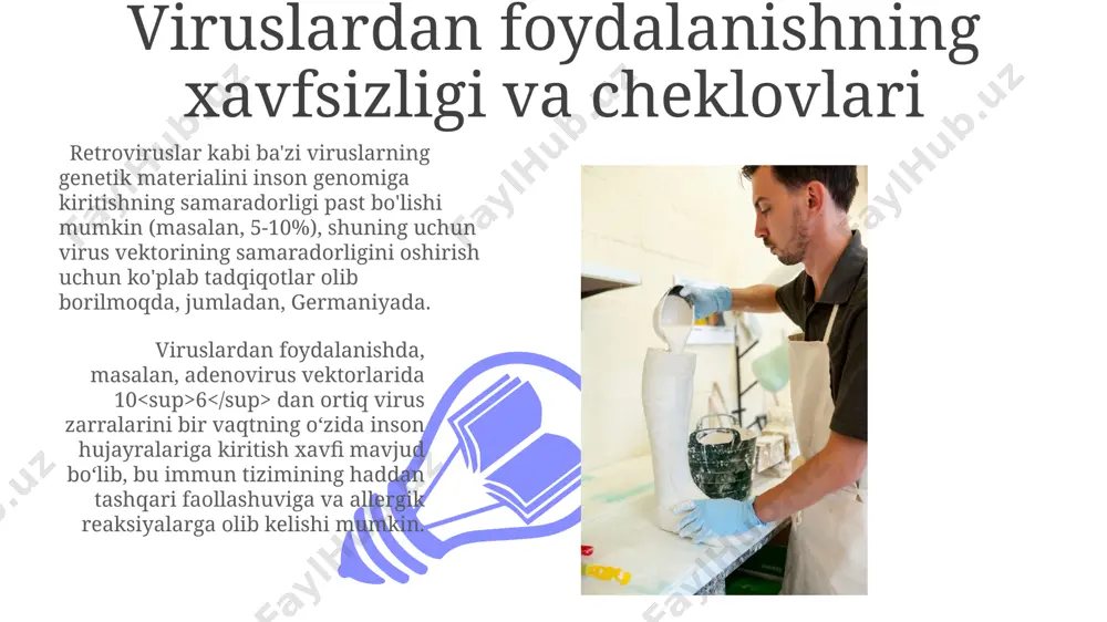 un ishlatiladi, bu esa gen terapiyasi sohasida keng qo'llanilishiga olib keladi. viruslar yordamida 1000 dan ortiq genni bir vaqtning o'zida ifoda etish mumkin, bu esa crispr-cas9 texnologiyasiga nisbatan ancha yuqori samaradorlikni ta'minlaydi, masalan, kaliforniya universitetida o'tkazilgan tadqiqotlar buni tasdiqlaydi. gen terapiyasida viruslardan foydalanish gen terapiyasida adeno-assosiatsiyalangan viruslar (aav) kabi 100 dan ortiq turdagi virus vektorlari qo‘llanilib, 2023 yilda aqshda o‘tkazilgan klinik sinovlarda yaxshi natijalarga erishilgan. adenoviruslar, yuqori infektivlik xususiyatiga ega bo‘lib, katta hajmdagi genlarni yetkazishda foydali hisoblanadi va xitoyda olib borilgan tadqiqotlarda saraton gen terapiyasida ishlatilgan. retroviruslarni qo'llash retroviruslar, masalan, lentiviruslar, inson immunitet tanqisligi virusi (oiv) bilan bog'liq bo'lib, genlarni 50-70% samaradorlik bilan sutemizuvchilar hujayralariga kiritishda qo'llaniladi. genetik muhandislikda, xususan, onkogenetik tadqiqotlarda, retroviruslar yordamida 20 dan ortiq genning faolligi kembrij universiteti olimlari tomonidan o'rganilgan. lentiviruslarni qo'llash lentivirus vektorlari, genetik materialning uzoq muddatli ifodalanishini ta'minlash uchun ishlatiladi, bu esa, masalan, o'zbekiston fanlar akademiyasi olimlarining ta'kidlashicha, surunkali kasalliklarni davolashda muhim ahamiyatga ega. …