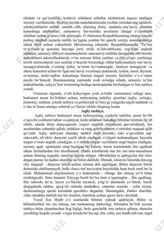 izimini to‘g‘ri tayin etish imkonini berdi. tarbiya fanining maqsad va vazifalari. yoshlarini barkamol insonlar qilib tarbiyalash borasida qaysi yo‘lni tanlamoq, nimalarga diqqat-e’tiborni qaratmoq lozim? nima qilganda ijobiy natijaga erishiladi? bu savollar tarbiya fanining eng muhim muammolari hisoblanadi. o‘zbekistonning hozirgi davri, bundan keyingi taraqqiyoti va istiqboli hamda mustaqilligining ijtimoiy, iqtisodiy, siyosiy, huquqiy, madaniy-ma’naviy zaminlarini mustahkamlash uchun yosh avlodga dunyo standartlari talabi darajasida bilim berishimiz suv va havodek zarurdir. demak, oldimizda turgan eng muhim va dolzarb muammolardan biri - o‘zbekiston hududida yashovchi har bir fuqaroni, har bir millat, elat kishilarini va ularning farzandlarini barkamol insonlar qilib tarbiyalash, mustaqil respublikamizning ongli fidoiysiga aylantirishdir. chunki jamiyat manfaati yo‘lida o‘zidagi barcha bilim, qobiliyat va iste’dodini baxshida etishga tayyor turgan yetuk insonlar, uddaburon yoshlar, fidoiylar bo‘lmasa, o‘zbekistonni dunyodagi eng ilg‘or davlatlar safiga qo‘shish qiyin kechadi. yoshlarimizni tarbiyalash uchun birinchi galda sharq mutafakkirlarining duru javohirga teng ma’naviy meroslari dasturilamal bo‘la oladi. abu nasr forobiy, axmad yassaviy, baxovuddin …