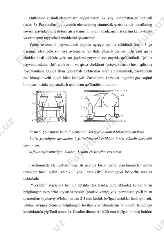tlar uchlarida joylashishi va uning elementning o’qiga nisbatan to’g’ri yo’naltirilganligi belgilar qo’yish bilan ta’minlanadi. bunda bo’lishi mumkin bo’lgan hatolarning oldini olish uchun yuqori malakali ishchilar mehnatini qo’llash talab etiladi. teshiklar o’rnini belgilash paytida konduktor elementga strubsina bilan mahkamlanadi, boltlar va probkalar bilan to’ldiriladigan “mayak” teshiklari parmalanadi, stanokda loyihaviy maydon ko’rinishi bo’yicha boshqa teshiklar ochiladi. rasm 8. montaj teshiklarini hosil qilish uchun qo’llaniladigan nakladnoy (ustiga qo’yiladigan) konduktor: 1-konduktor; 2-elementda parmalanadigan teshiklar; 3- element; 4-element o’qi; 5-konduktor o’qi; 6elementdagi teshiklar maydonining o’qi montaj teshiklarini hosil qilishning boshqa usulida esa tekis konduktorlar o’zaro bikir biriktirilgan hajmli konduktor qo’llaniladi. bunda montaj teshiklari maydonlarining loyihaviy joylashishi ta’minlanadi, lekin katta ishlab chiqarish maydonlarini egallaydigan, aniqligi yuqori darajada bo’lgan yirik gabaritli konduktorlar tayyorlash kerak bo’ladi. elementlarning markirovkasi va gruntovkasi bo’yash sexida bo’yoq purkovchi jixozlarni qo’llash orqali amalga oshiriladi. har bir elementning markirovkasi loyihada va ko’prik qurilishi amaliyotida qabul qilingan sxemaga mos keladi (rasm 9). markalar elementlar uchlariga …