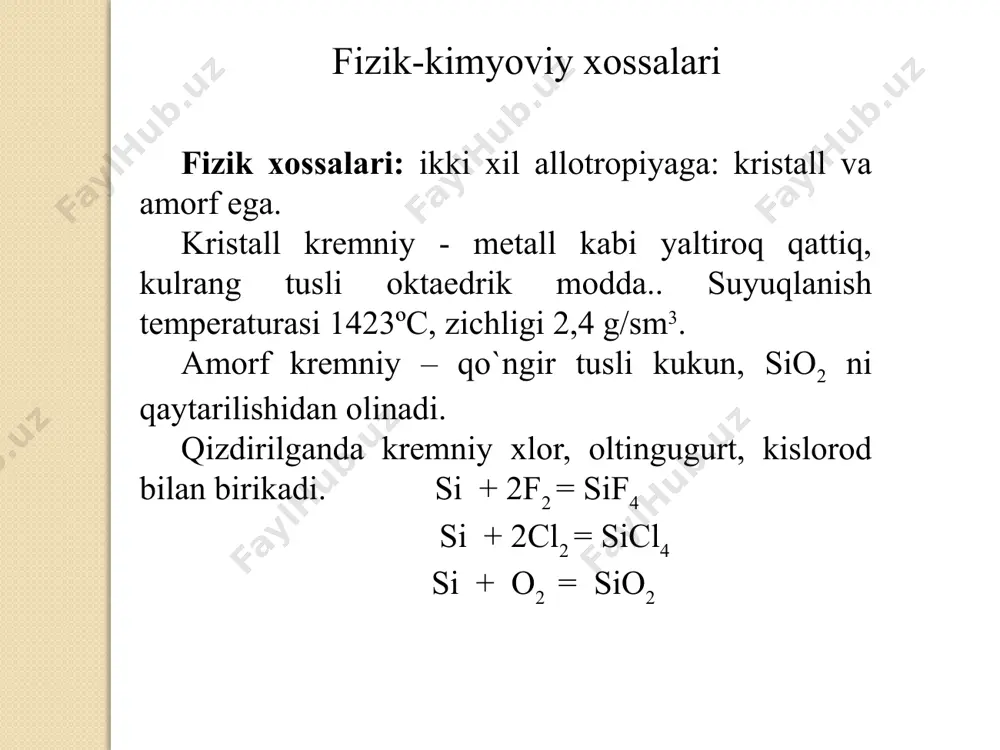 otaliligi kuchli amfoter oksiddir. ishqorlar bilan ta’sirlashib germanat kislota tuzlarini hosil qiladi. geo2 + 2naoh = na2geo3 + h2o qalay. yer po’stlog’ida 6·10–4 % tashkil etadi. tabiatda sno2 tarzida uchraydi. kumush rang oq tusli yumshoq metall, suyuqlanish temperaturasi 231,9ºc, zichligi 7,3 g/sm3. odatdagi sn kulrang tusli zichligi 5,8 g/sm3 allotropik shakl o’zgarishga aylanadi. oq tusli sn ning kulrangga aylanish vaqtida uning hajmi ortib kukunga aylanadi. bu qalay vabosi deyiladi. suyuq sn qotganda yirik kristallar hosil bo’ladi. qalaydan tayyorlangan tayoqchalar egilganda undan o’ziga xos gijirlash ovozi chiqadi. sababi egashgan qalayning ayrim kristallari bir-biriga ishqalanadi. qalayni prokatga qilib yupqa taxtalar, zarlar hosil qilishi mumkin, korroziyalanmaydi. odatdagi sharoitda oksidlanadi, suyultirilgan kislotalarda eriydi. sn + 2naoh = na2sno2 + h2 sn + 2hcl = sncl2 + h2 konsentrlangan nitrat kislota qalayni oksidlab stanat kislotaga aylantirish. . 3sn + 4hno3 + h2o = 3h2sno3 +4no sn + 4h2so4(kons) = sn(so4)2 + 2so2 + 4h2o sn …