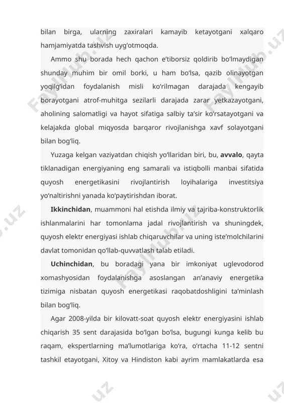 si qo‘yilayotganini hisobga oladigan bo‘lsak, hech shubhasiz, bu maqsadga erishish mumkin ekani ayon bo‘ladi. boshqacha aytganda, ba’zi mamlakatlardagi fotoelektr stansiyalarda ishlab chiqarilayotgan elektr energiyasi, unga nisbatan an’anaviy imtiyoz va preferensiyalar qo‘llanmayotgan bo‘lsa-da, uglevodorod xomashyosini yoqish hisobidan olinadigan elektr energiyasi bilan raqobatlasha oladi. yana bir masala. vaqti-vaqti bilan takrorlanayotgan global iqtisodiy inqirozlar sabablarini tahlil qilish asnosida xulosa chiqargan ayrim olimlarning fikr-mulohazalarida muayyan mantiq mavjud. ya’ni, halokatli inqirozdan chiqish yo‘lini topish jahon hamjamiyatini zamonaviy texnologiyalarning prinsipial jihatdan yangi avlodini o‘zlashtirishga, boshqacha aytganda, ishlab chiqarishning yanada jadal va tejamkor o‘sish sur’atlarini ta’minlaydigan ilmiy-texnik taraqqiyotning yangi bosqichiga olib keladi. shu munosabat bilan quyidagi xulosaga kelish qiyin emas. 2008-yilda boshlangan va hamon davom etayotgan global inqirozdan chiqish ko‘p jihatdan bizning birinchi navbatda energetika sohasida texnologik taraqqiyotning yangi bosqichiga qanchalik tez o‘tishimizga bog‘liq. bu o‘rinda so‘z bugungi kunda rivojlanayotgan davlatlar iqtisodiyotini qayta tiklashga to‘sqinlik qilayotgan asosiy sabablardan biri – an’anaviy energiya resurslari, avvalambor, neft narxining asossiz …
