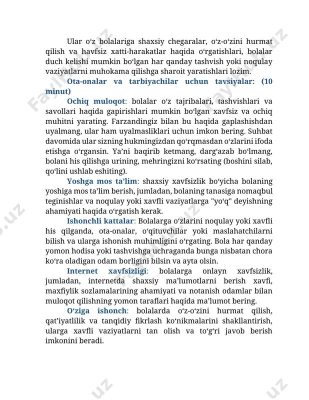 hit barqarorlashadi. ish shakli: xar bir ishtirokchi qatnashish imkoniyatiga ega. tartibi: trener kuylaydi yoki yokimli musiqa qoʻyiladi. dadam … bizni oʻstirdi na yigʻlattirdi na kuldira oldi biz bunday qilar edik… shu soʻzlardan keyin trener turli imo-ishoralar bilan otasining harakatlarini koʻrsatib beradi: keyingi ishtirokchi davom ettiradi. qoʻshiqni aytib otasining harakatlarnini imo-ishora bilan koʻrsatib beradi. har bir ishtirokchida turli hil imo-ishoralar qoʻshilib boradi.ota-onalar ushbu mashgulotni oilalarida bolalari bilan takrorlab koʻrsalar oiladagi ijtimoiy muhit barqarorlashib,oʻzlarining bolalariga nisbatan qanday yondoshishlarini guvohi boʻladilar va salbiy munosabatlarni ijobiylikka oʻzgartira oladilar. (10 minut) unutmang bu sizning va bizning farzandimiz boʻlishi mumkin. seminarni shior bilan yakunlaymiz: biz birgalikda jaxlni yengib, oilada sogʻlom muhitni yaratamiz! image1.jpeg