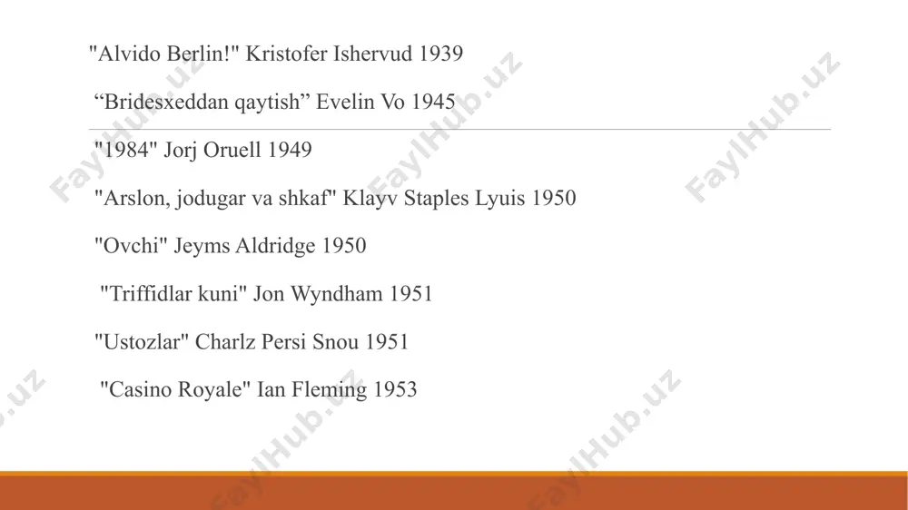 lando: a biography, 1928), «to‘lqinlar» (the waves, 1931), «flash. biografiya» (flush: a biography, 1933), «yillar» (the years, 1937), «aktlar aro» (mejdu aktov, 1941) kitoblari mashhur. virjiniya vulf. adibaning kundaligi virjiniya vulf. arvohlar uyi (hikoya) virjiniya vulf. shohona bog‘ (hikoya) grem grin mashhur ingliz adibi grem grin (graham greene) 1904 yilda tug‘ildi. uning ilk romani “ichimdagini top”. so‘ng u o‘tkir syujetli “stambul ekspressi”, detektiv janrdagi “yollangan qotil”, “ishonchli shaxs”, “vahimalar maskani” va “meni angliya yaratdi” asarlarini yozdi. grem grin umrining so‘nggi yillarida shveytsariyada yashadi va 1991 yil shveytsariyaning veve shahrida vafot etdi. grem grin. g‘oratgar maktublar (hikoya) jorj oruell jorj oruell (ingl. george orwell), haqiqiy ismi — erik artur bler (ingl. eric arthur blair; 1903—1950) — ingliz yozuvchisi va publitsisti. «hayvonlar xo‘jaligi haqida g‘aroyib qissa» va «1984» asarlari bilan mashhur.jorj oruellning «hayvonlar xo‘jaligi haqida g‘aroyib qissa” asarida mantiqiy obrazlar orqali “manel ferma”sida ro‘y bergan voqealar tasvirlanadi. sobiq sovet ittifoqi mustabid tuzumining …