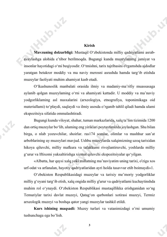 bermasdi. mustaqillik yillarida qadimiy shaharlar: xiva, buxoro, shahrisabz, termiz shaharlarining 2500, 2700 yillik yubileylarining oikazilishi, amir temur tavalludining 660 yilligi, imom al-buxoriy, ahmad alfarg‘oniy, jaloliddin manguberdi, kamoliddin behzod, ogahiy kabi «barhayot siymolar» yubileylannmg oikazilishi, «alpomish» dostoni yaratilganining 1000 yilligi tantanalarining nishonlanishi yoshlaming ma’naviy-ma'rifiy tarbivasida muhim o‘rin egallashi shubhasiz. sobiq sovet davrida faqat «qizil imperiya» mafkurasiga xizmat qilgan muzeylar endilikda milliy o‘zlikni anglashga xizmat qilishi muhim hisoblanadi. mustaqillik davrida muzeylar ishlariga alohida e’tibor qaratilmoqda. 1998-yil 12- yanvarda «muzeylar faoliyatini tubdan vaxshilash va takomillashtirish to‘g‘risida»gi prezident farmoni e’lon qilindi. 175 farmorida asosan o‘zbekiston hududida qadimdan shakllangan muzeylar faoliyatini takomillashtirish, muzev fondlarida saqlanib kelayotgan xalqimizning boy tarixini va mustaqilligimiz odimlarini o'zida aks ettiruvchi noyob eksponatlami avaylab-asrash, muzevlar fondini boyitib borish, muzeylami dunyoga olib chiqish va targib qilish, muzeylami zamon talablariga mos yuqori malakali mutaxassislar bilan ta’minlash, moddiy-texnika bazasini mustahkamlab, jahon muzevshunosligi tajribalarini qo‘llash kabi vazifalar qo'yilgan. muzey turlari. respublikamiz hududida uch turdagi muzeylar …
