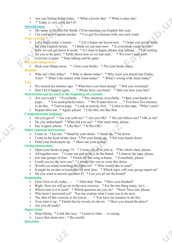 an use to facilitate the learning: · teach the students the classroom language in a scaffolded way. start with a short command, perhaps just one word such as “open”. after a whiel, the teacher can progress to a longer command, such as “open the book" and eventually students can learn alternate phrases that mean the same think, for example “turn to page 15”. · make sure it's clear to the students what this language is for. include them in the learning process; they should know that the more they use the language, the more they will develop and that these expressions are meant to help use the language in the most authentic way possible. · once you introduce the classroom language, use it! employ the expressions as much as possible so the students become used to them and eventually are able to use them by themselves. · use prompts such …