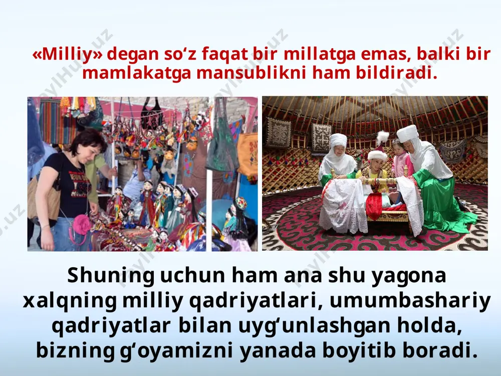 b jihati shundaki, ularda qadim zamonlardan boshlab umuminsoniy g‘oyalar teran aks etib kelgan. insonparvarlik esa umumbashariy qadriyatlarning negizini tashkil etadi. buyuk ajdodlarimizning hayoti va ijodiy faoliyati ana shunday insonparvarlik ruhi bilan yo‘g‘rilgani uchun ularning nomi, yozgan asarlari butun dunyoda tan olinib, asrlar davomida turli xalqlar vakillari tomonidan o‘rganib kelinmoqda. bizning milliy g‘oyamizning kuch-qudrati shundaki, u milliy va umumbashariy qadriyatlardan bahramand bo‘lib, ularni rivojlantirishga hissa qo‘shishni nazarda tutadi. savol va topshiriqlar: 1. milliy qadriyatlar deganda nimalarni tushunasiz? 2. milliy g‘oyamiz qaysi milliy qadriyatlarimizdan oziqlanadi? 3. milliy g‘oyamiz qaysi umumbashariy qadriyatlardan oziqlanadi? 4. umumbashariy qadriyatlar negizida turadigan asosiy g‘oya nima? 5. insonparvarlikni ulug‘lashga qaratilgan xalqimizga xos fazilatlardan qaysilarini bilasiz? 6. xalqimizning umumbashariy qadriyatlarga sodiqligi qaysi maqolimizda yaqqol aks etgan? 7. buyuk ajdodlarimiz xotirasiga qaysi xorijiy mamlakatlarda haykallar o‘rnatilgan? image2.jpeg image3.jpeg image4.jpeg image5.jpeg image6.jpeg image7.jpeg image8.jpeg image9.png image10.jpeg image11.jpeg image12.jpeg image13.png image14.emf image15.jpeg image16.png image17.emf image1.jpeg