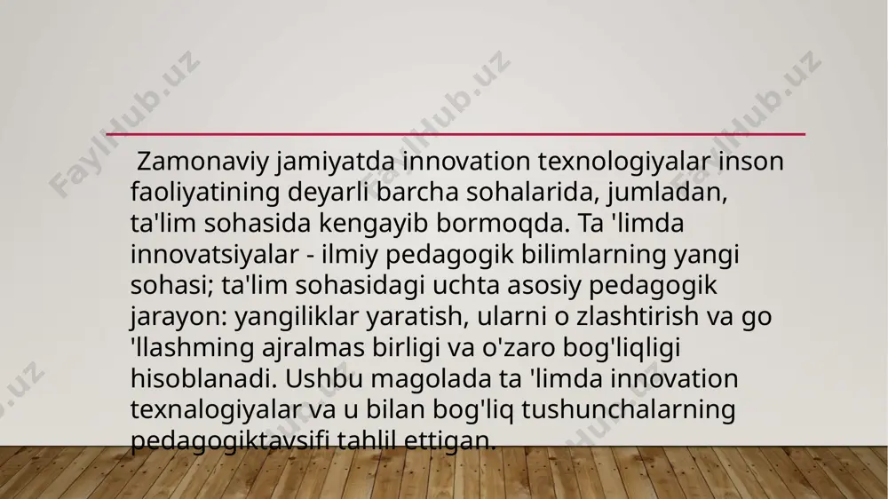 gi tomonidan respublikada ta 'lim tizimini rivojlantirish bo'yicha bir gator ishlar amalga modul tizimi va oʻqitishning innovatsion metodlarini rivojlantirish, oʻquv jarayonida axborot-kommunikatsiya texnologiyalarini keng qoʻllash, talabalar, oʻqituvchilar va yosh tadqiqotchilarni global axborot-huquqiy va taʼlim resurslaridan foydalanish imkoniyatlarini kengaytirish, amaliyot, stajirovka oʻtish tartibini takomillashtirish, shuningdek, klinik taʼlimni joriy etishga alohida ahamiyat qaratilmoqda. xulosa qilib aytganda, pedagogni innovatsion faoliyatini yoʻlga qoʻyish obyektiv voqelikni qabul qilishdagi qarashlarini aniqlab beradi. pedagogni innovatsion faoliyatga tayyorlash muammosi maʼlum maqsadlarga boʻysunuvchi bir necha oʻzaro aloqador va funksional komponentlarni oʻz ichiga olgan tizim sifatida ifodalanishi mumkin. image2.png image1.jpg /docprops/thumbnail.jpeg