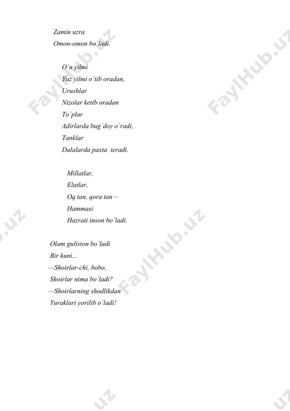 rishib butunlashgani kabi), yaxlitlashadi. ana shu yaxlitlilikdan lirik qahramon dunyoga keladi. “lirik qahramon – lirik asarlarda kechinmalari tasvirlanayotgan kishi, shoirning umumjamiyat uchun qimmatli his va fikrlarini tashuvchi shaxsdir. u shoir shaxsi bilan estetik idealning quymasidir” (i. sulton, 252- bet). lirik qahramon tarixi (konkret har bir she`rdagi kechinma - obraz tarixi) ning mavjudligi lirikadagi syujetni voqye qiladi. lirik asar bir oniy kechinmaga suyangani uchun ham undagi syujet eposdagi kabi “voqyealar silsilasi” tarzida namoyon bo`lmaydi, balki u oniy - ruhiy harakat ifodasi tarzida yuzaga chiqadi. syujet adabiyotning uchinchi elementi va usiz badiiy asar bo`lishi mumkin emasligi qoidasini (ushbu asarning “syujet va kompozisiya” qismini eslang) xotirga keltirsak, demak, lirikada syujet o`ziga xos bo`ladi. o`ziga xoslik – lirikaning subyektivlik mohiyatidan, lirik qahramonning dunyosidan kelib chiqadi va u har bir lirik asarda ifodalangan oniy - ruhiy kechinma tarixi – boshlanishi, rivoji, xulosasi bilan o`lchanadi. sirojiddin sayyidning “ey do`st” ruboiysining birinchi bayti: bu olam hamisha shundoq …