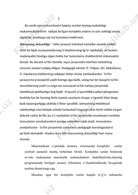 atika darslarini zamonaviy texnologiyalar asosida tashkil etishga xizmat qiluvchi maqbul shakl, metod va vositalarni belgilash. 4.yuqori sinf matematika darslarini ta’limning zamonaziy interfaol metodlari asosida tashkil etishda maxsus metodlarni tajriba -sinovdan o’tkazish va uning samaradorligini aniqlash. tadqiqot ob’yekti: yuqori sinflarda kompleks sonlar ustida ishlash usullari va matematika darslarida zamonaviy texnologiyalarni qo’llash jarayoni. tadqiqotda qo’yilgan asosiy masalalar: kompleks sonlarni yechish usullarini tahlil qilish. 1. kompleks sonlarning mazmunini tahlil qilish. 7 ilg’or yuqori sinf o’qituvchilarining tajribalarini o’rganish. kompleks sonlar ustida ishlash bo’yicha pedagogik tajriba o’tkazish, natijalarini metodik tavsiya sifatida bayon qilish. tadqiqotimizning asosiy ilmiy - uslubiy yangiligi: irratsional tenglamalarni o’rganish, nazariy, uslubiy izlanishlar olib borildi. -muammoni yechimlarini o’rganishni takomillashtirish bo’yicha alohida metodik ishlanma ishlab chiqildi. kurs ishining metodlari: tadqiqot muammosiga oid pedagogik- psixologik va metodik adabiyotlar mazmunini o’rganish, nazariy jihatdan tahlil qilish, yuqori sinflarda matematika o’qitishda zamonaviy texnologiyalarni qo’llash holatini o’rganish, pedagogik kuzatuv, suhbat, pedagogik tajriba va h.k. kurs ishining tuzilishi: kirish, 2 …
