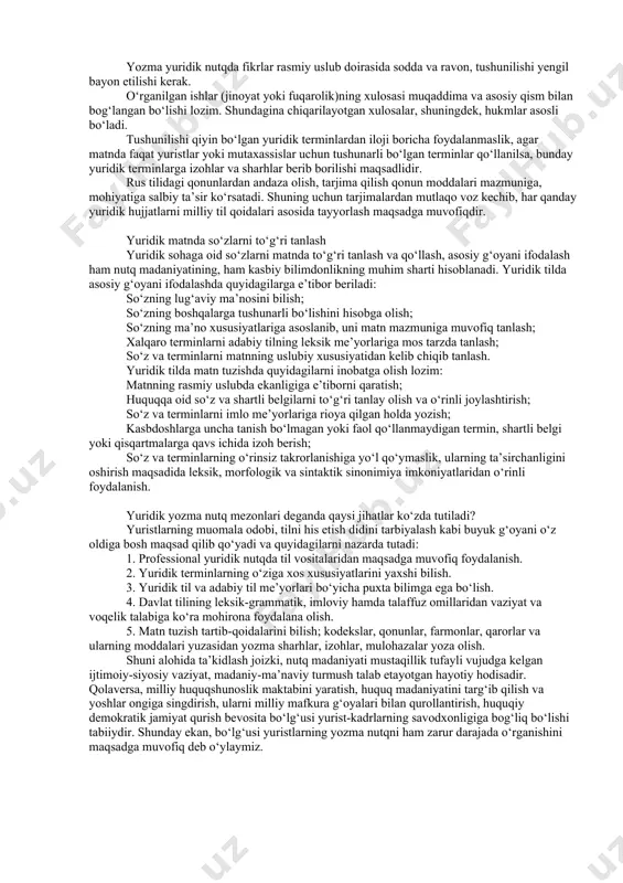 yuridik tushunchalarni ifodalash uchun o‘zbek tilida unga muqobil so‘z yoki termin topilmasa, tarjimada ortiqcha sun’iylikka bormasdan xorijiy terminlarni qo‘llash maqsadga muvofiqdir. yuridik tilda shevaga oid so‘zlar, jargonlar, o‘zlashmagan so‘zlar, o‘ta obrazli iboralarni qo‘llashga yo‘l qo‘yilmaydi. qonun tili yuridik tilning asosi hisoblanadi. qonun tilining asosiy belgilari quyidagilardan iboratdir: a) aniqlik; b) qisqalik; d) shaxssizlik; e) rasmiy bo‘yoqdorlik; f) xolislik; g) mantiqiy izchillik; h) barqarorlik. qonun tilining eng muhim me’yorlaridan biri aniqlik bo‘lib, tushunchaning mohiyati qonun moddalarida to‘laqonli ifodalanishi va mamlakatning har bir fuqarosi kimligidan, qaysi kasb egasi bo‘lishidan, ma’lumotidan qat’i nazar tezda anglab yetishi zarur. qonunlar tuzilishi sodda, aniq, ravon va hammabop bo‘lishi shart. aniqlikka erishish uchun qonun ijodkorlari adabiy til me’yorlariga amal qilmoqlari lozim. buning uchun, avvalo, gapda so‘zlarning odatdagi tartibiga rioya qilinishi talab etiladi, ya’ni qonun tilida inversiya (gapda so‘zlar tartibining o‘zgartirilishi)ga yo‘l qo‘yilishi aniqlikka putur yetkazadi. o‘zlashtirilishi qiyin bo‘lgan so‘zlar va terminlarni qo‘llamaslik ham aniqlikni ta’minlaydi. qisqalik qonun …
