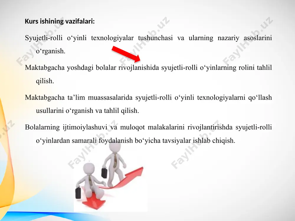 otlari mavjud emas. rolli o‘yin faqat alohida olingan psixik jarayon uchun ahamiyatli emas, bolada shaxsiy xususiyat va fazilatlarni shakllantirishda sham zarurdir. binobarin, katta yoshdagi odamlar rolini tanlab, uni bajarish bolaning his-tuyg‘usini qo‘zg‘atuvchilar bilan uzviy bog‘liq holda namoyon bo‘ladi. chunki o‘yin davomida bolada har xil xohish va istaklar tug‘ila boradi, bular boshqa 15 narsalarning tashqi alomatlari, o‘ziga rom etishi sababli hamda bolaning ixtiyoridan tashqari, tengdoshlarining ta’siri ostida tug‘iladi 2.2.maktabgacha yoshdagi bolalar axloqiy sifatlarini shakllanishiga syujetli-rolli o‘yinlarning ta’sir axloqiy sifatlar – insonning axloqiy fazilatlari bo‘lib, uning xulq atvori va jamiyatdagi munosabatlarini belgilaydi. bu sifatlar insonning axloqiy qoidalar, qadriyatlar va axloq normalariga mos kelishini ifodalaydi. quyida asosiy axloqiy sifatlar keltirilgan 1. halollik – haqiqatni gapirish, yolg‘ondan yiroq bo‘lish va ishonchli inson bo‘lish. 2. adolatparvarlik – har bir kishiga haqiqat va haqqoniy mezonlarga ko‘ra munosabatda bo‘lish.3. mehnatsevarlik – vijdonan ishlash, o‘z vazifasini sidqidildan bajarish4. sabr-toqat – qiyinchiliklarga bardosh berish va vaziyatni sabr bilan yengish.5. …