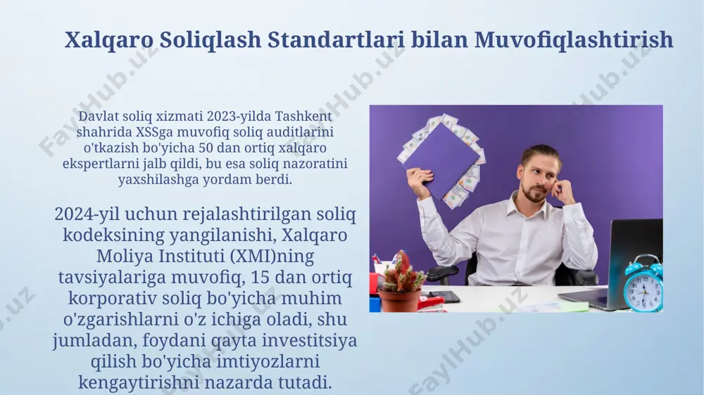 stavkasi 12% dan 15% gacha oshirildi, bu toshkent va andijon viloyatlaridagi korxonalarga ta'sir ko‘rsatdi. soliq auditori va tekshiruvi soliq auditorlari tomonidan 2023-yilda toshkent shahrida o‘tkazilgan tekshiruvlar natijasida 150 dan ortiq korxona soliq qonunchiligini buzganligi aniqlangan. qoraqalpog‘iston respublikasida soliq tekshiruvi o‘tkazish muddati o‘rtacha 30 kunni tashkil etadi, bu davrda kamida 5 ta asosiy soliq turi tekshiriladi. soliq imtiyozlari va yengilliklari andijon viloyatida eksport qilinadigan mahsulotlar ishlab chiqarish bilan shug'ullanuvchi korxonalar uchun qo'shilgan qiymat solig'i bo'yicha 10% lik stavka qo'llaniladi. qoraqalpog'iston respublikasida joylashgan qishloq xo'jaligi korxonalari uchun yer solig'i bo'yicha 50% lik imtiyoz 2024-yilgacha uzaytirildi. o'zbekistonda korporativ foyda solig'i tizimi korporativ foyda solig'i hisobotini topshirish muddati har chorakda, ya'ni har uch oyda, soliq organlariga topshiriladi va andijon viloyatidagi kichik korxonalar uchun maxsus tartiblar mavjud bo'lishi mumkin. o'zbekiston respublikasida korporativ foyda solig'i stavkasi 2023-yilda 12% ni tashkil etadi, ammo ba'zi sohalar uchun imtiyozlar mavjud, masalan, toshkent shahridagi it kompaniyalar uchun. e'tiboringiz uchun rahmat …