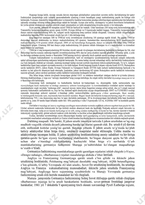 h natijasida 1947 yilda hindiston va pokiston mustaqil davlatlari tashkil topdi. ulardan so‘ng osiyo va afrikaning qolgan davlatlari ham birin-ketin o‘z mustaqilliklariga ega bo‘lishdi. mag‘rib mamlakatlaridan jazoir, tunis, marokash 50- yillarning ikkinchi yarmida fransuzlardan; arab knyazliklari: aden, quvayt, baxrayn va boshqalar 50-70- yillarda inglizlar zulmidan qutulishdi. osiyo va shimoliy afrika mamlakaglaridan so‘ng, afrikaning qolgan xalqlari ham mustaqillik yo‘liga o‘tishdi. "afrika yili'" deb e’lon qilingan 1960 yilning o‘zidayoq angliya, fransiya, italiya va bel’giyaning sobiq mustamlakalari o‘rnida 17 ta davlat siyosiy mustaqillikka erishdi. bu jarayon yana davom etdi. 1973-1975 yillarda portugallarning sobiq mustamlaka xalqlari mustaqillikka erishdi, 1989 yilda afrikada saqlanib qolgan yagona mustamlaka namibiya ham suveren davlat maqomini oldi. natijada mustamlaka va yarim mustamlakalar o‘rnida mustaqil davlatlar tashkil topdi. 1997 yilda gongkong batamom xitoy ixtiyoriga o‘tgan bo‘lsa, 1999 yilning 20 dekabrida g‘arbning oxirgi mustamlakasi xitoyning sharqiy qirg‘oqlarida joylashgan portugallarning mittigina koloniyasi makao ham xitoyga qaytarib berildi. shunday qilib, g‘arbning osiyodagi 500 yillik …