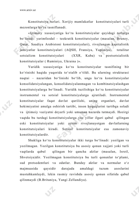 ilingan bir qancha aktlar (masalan, isroil, shvetsiya)dir. yozilmagan konstitutsiya bu turli qonunlar to‘plami, sud pretsedentlari va odatlar. bunday aktlar va normalar o‘z majmuasida qaysidir darajada amaldagi tuzum asoslarini mustahkamlaydi, lekin rasmiy ravishda asosiy qonun sifatida qabul qilinmaydi (b.britaniya, yangi zellandiya). qabul qilish tartibiga ko‘ra xorijiy mamlakatlar konstitutsiyalari quyidagi turlarga bo‘linadi: oktroirlangan (hadya qilingan), vakillik organlari (ta’sis yig‘ilishi, parlament) tomonidan qabul qilinadigan, referendum yo‘li bilan qabul qilinadigan konstitutsiyalar. «o‘zgartirish va qo‘shimcha kiritish tartibiga ko‘ra «yumshoq» va «qattiq» konstitutsiyalar ajratiladi. yumshoq konstitutsiyalar deb boshqa oddiy qonunlar kabi o‘zgartirish kiritiladigan konstitutsiyalarga aytiladi (b.britaniya konstitutsiyasi). qattiq konstitutsiyalarga o‘zgartirish kiritish uchun esa bir qancha shartlar talab qilinadi ya’ni, alohida tartib. masalan, belgilangan ko‘pchilik ovoz, ikki marta ovozga qo‘yish, referendumda tasdiqlash va boshqalar» . amal qilish muddatiga ko‘ra konstitutsiyalar doimiy va vaqtinchalik bo‘ladi. doimiy konstitutsiya bu shunday konstitutsiyadirki, unda ushbu konstitutsiyaning amal qilish muddati ko‘rsatilmaydi yoki belgilanmaydi. vaqtinchalik konstitutsiyada esa uning amal qilish muddati chegaralanadi va …