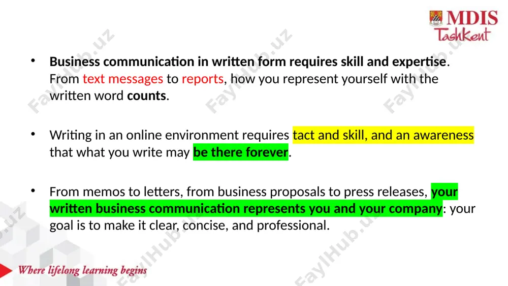 stead of tapping on the send button, hold the send button. e-mail electronic mail, usually called e-mail, is quite familiar to most students and workers.. in business, it has largely replaced print hard copy letters for external (outside the company) correspondence, as well as taking the place of memos for internal (within the company) communication. e-mail can be very useful for messages that have more content than a text message, but it is still best used for fairly brief messages. e-mail useful for messages that have slightly more content than a text message in business communication, e-mails: require attention to detail should have a professional tone e-mail tips for effective business e-mails subject lines (тема) should be clear, brief, and specific proper salutations should demonstrate respect and avoid mix-ups proper salutation (dear + title + last name dear mr/dr/ morales) close with a signature avoid abbreviations be brief use a …